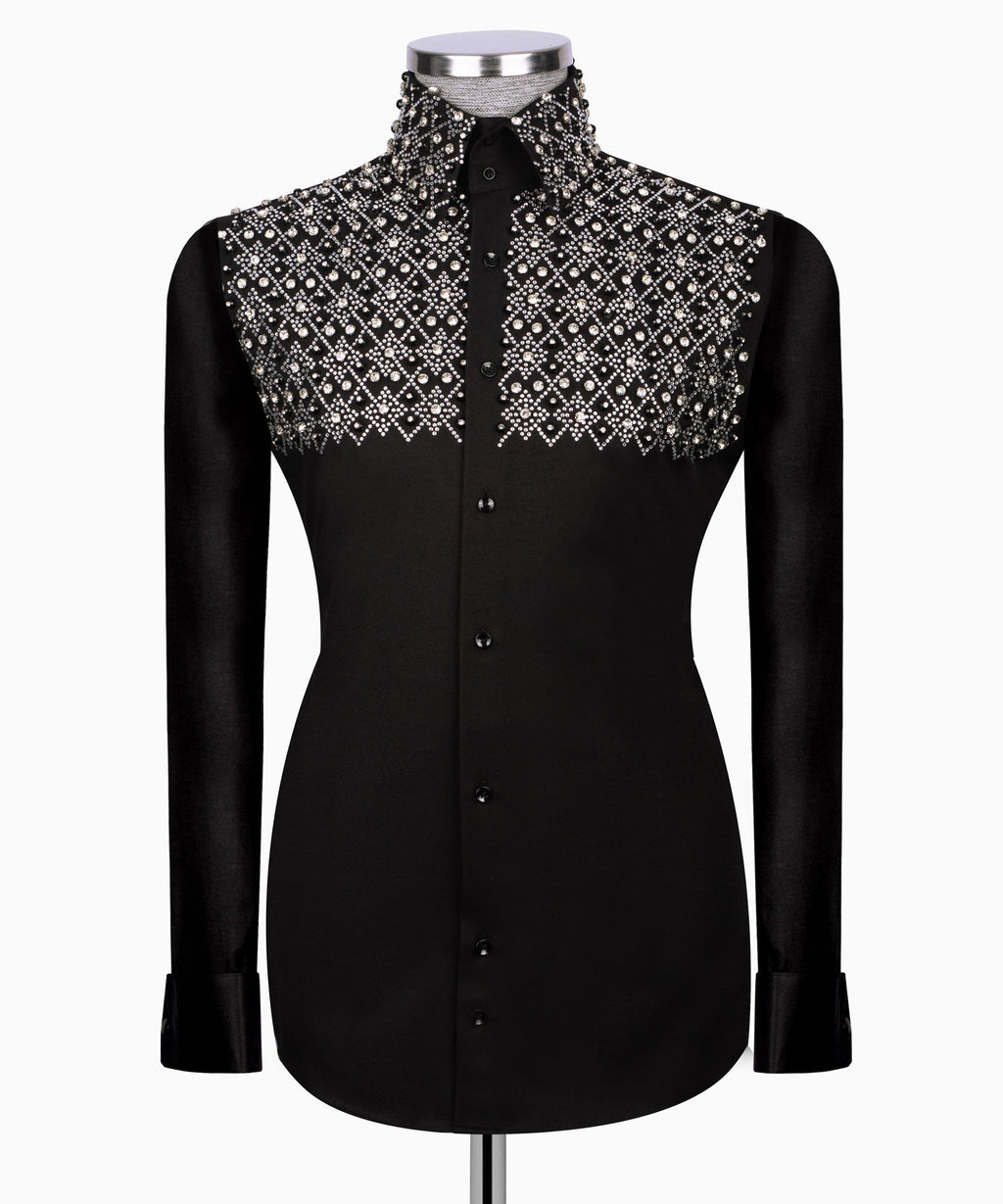 Black men's formal shirt, long sleeves, silver stone-embroidered yoke and front