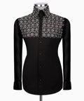 Black men's formal shirt, long sleeves, silver stone-embroidered yoke and front