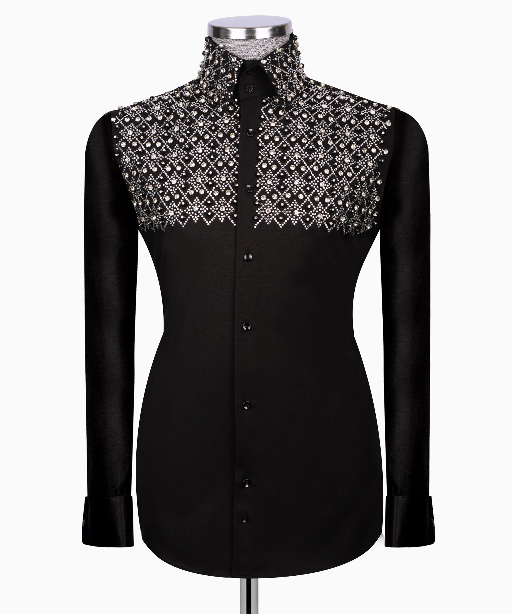 Black men's formal shirt, long sleeves, silver stone-embroidered yoke and front