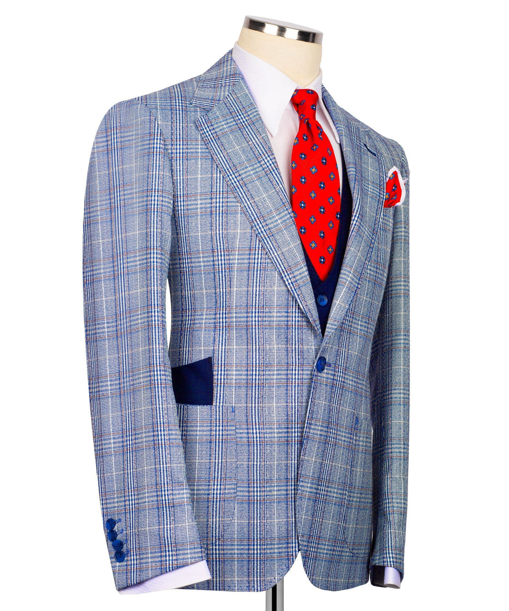 Light blue plaid sport coat with chest pocket, red patterned tie and pocket square