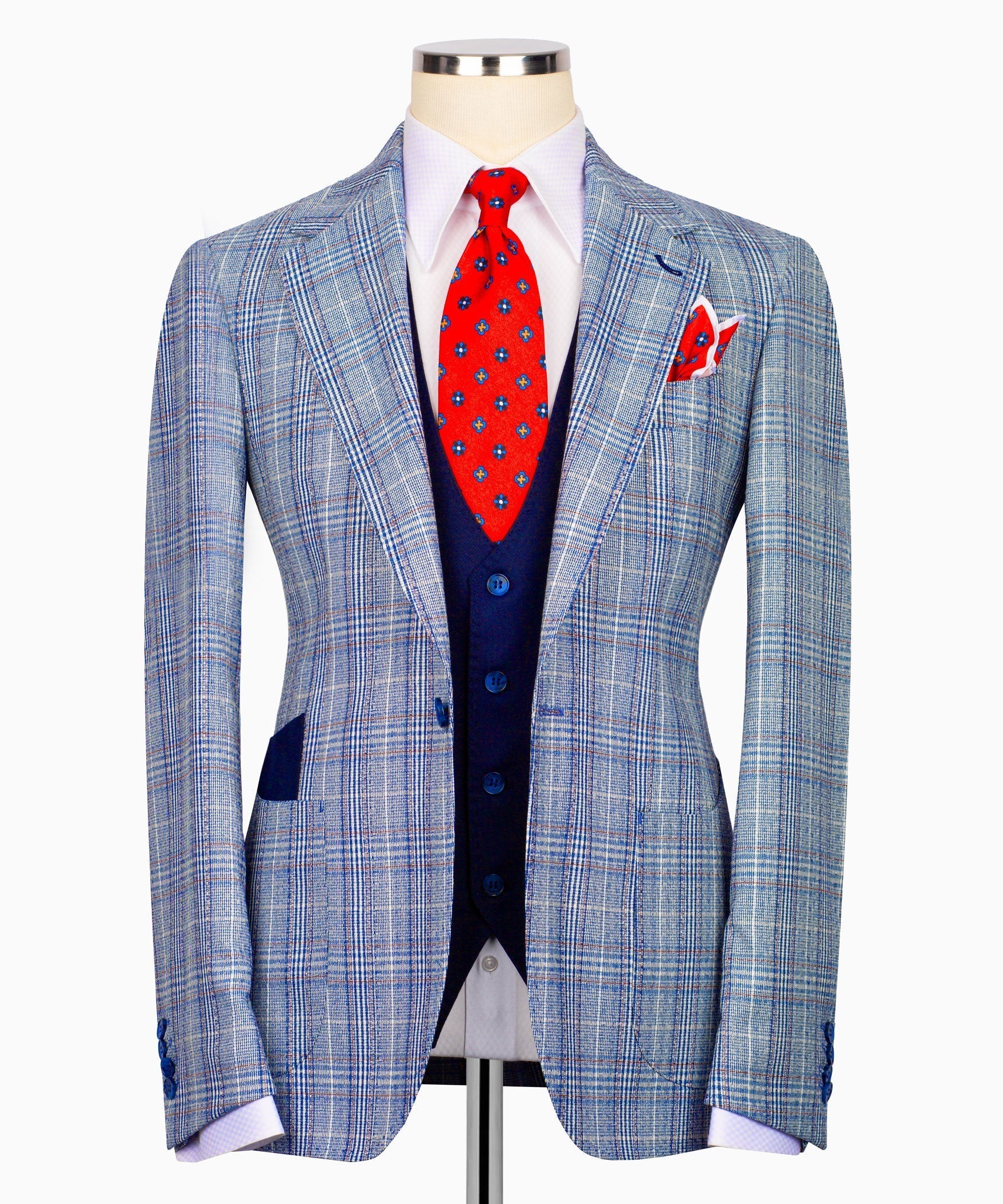 Light blue plaid suit jacket with notched lapels and flap pocket, navy buttons
