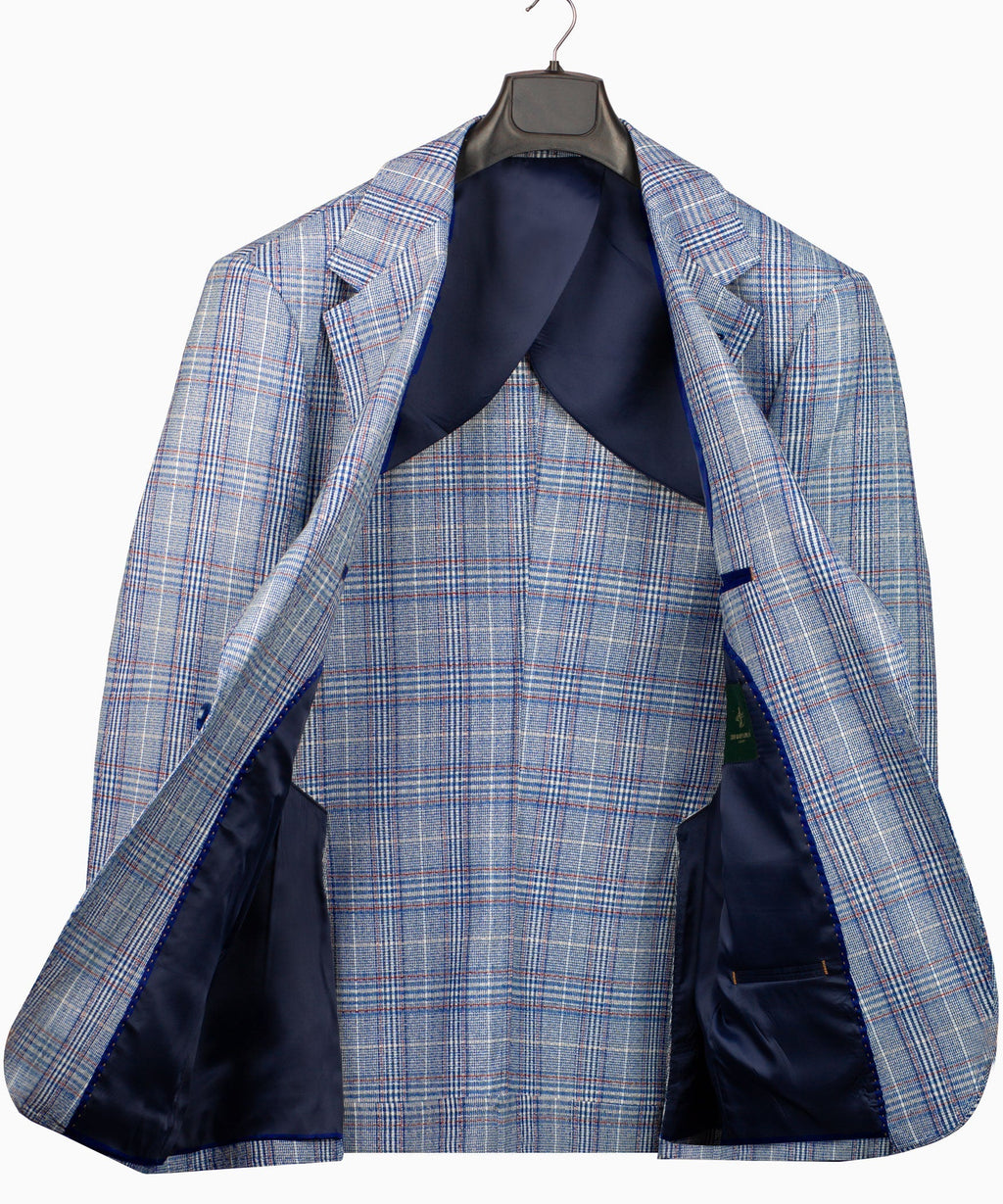 Light blue plaid suit jacket open view, showing navy inner pockets and lapels