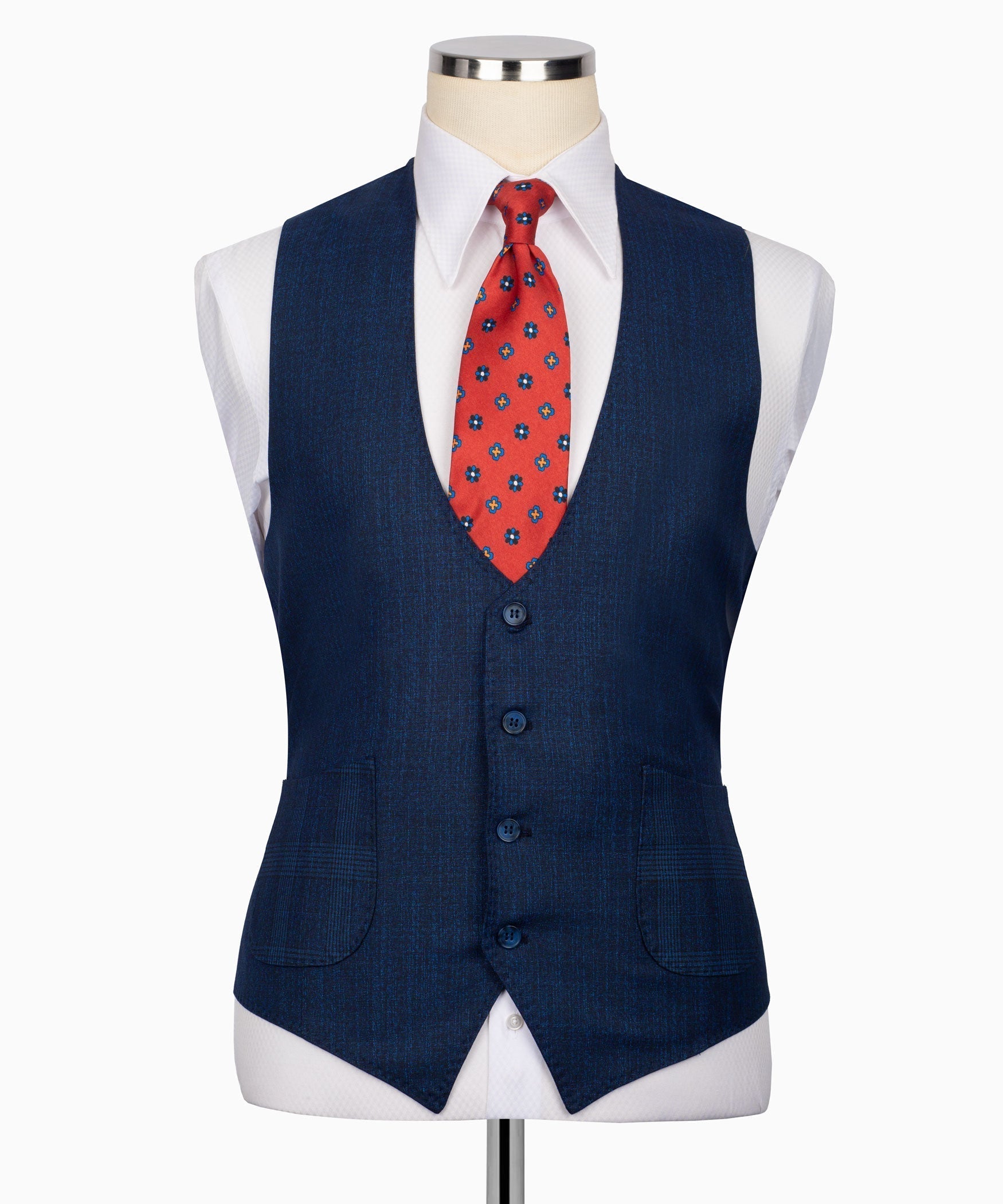 Navy plaid suit vest with button front and red patterned tie
