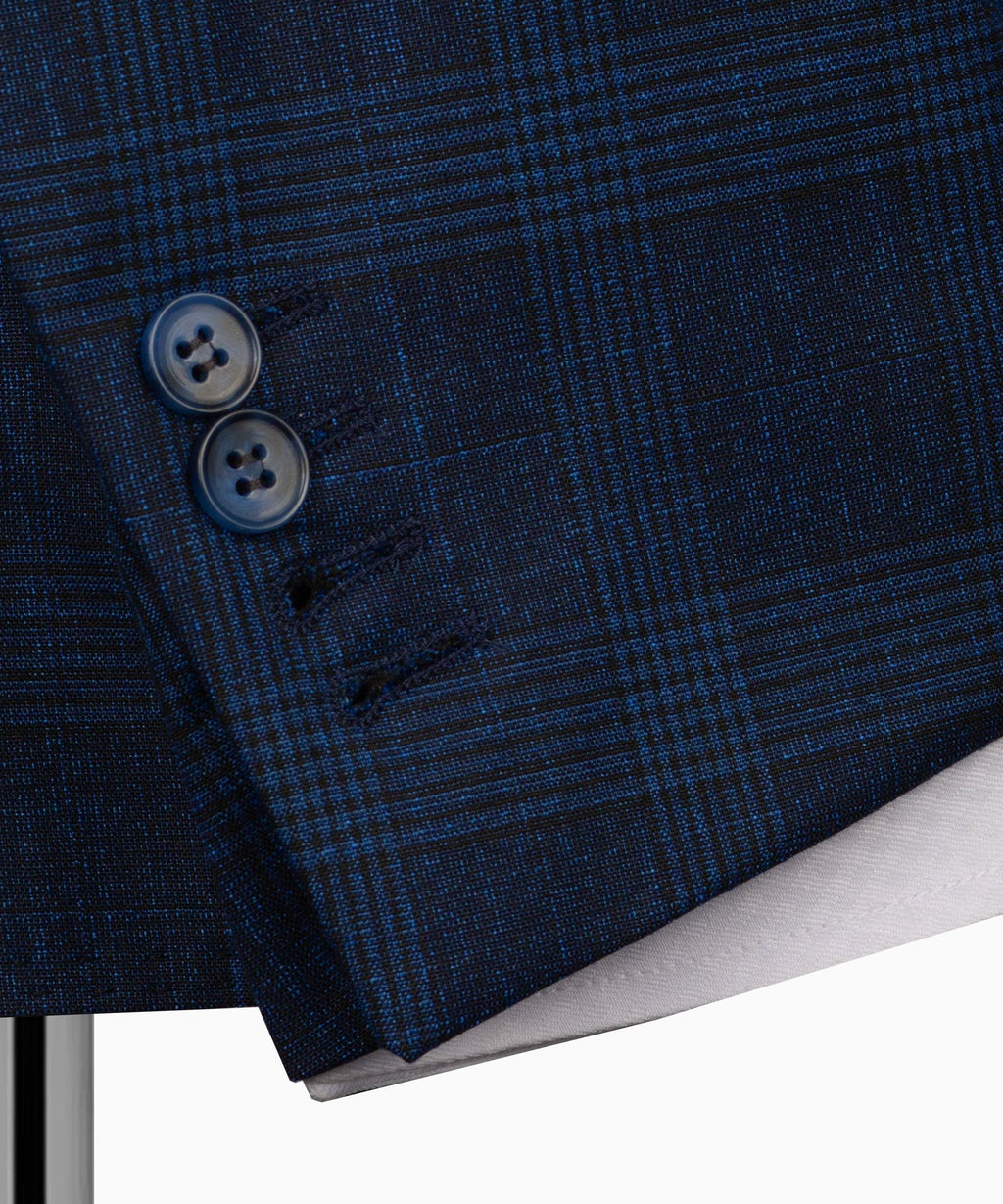 Navy plaid jacket with dark buttons and fine grid/check texture