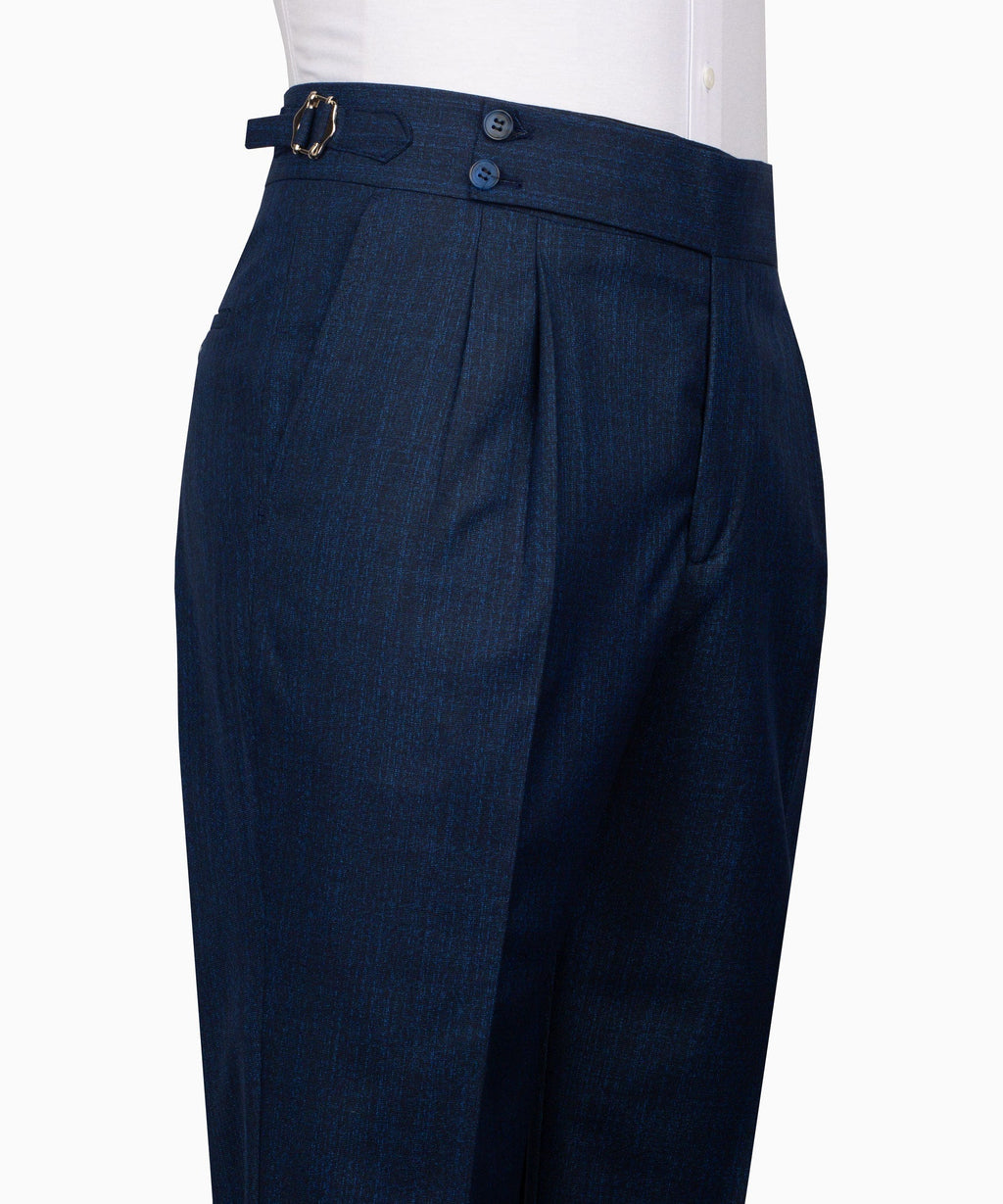 Navy plaid dress trousers with belt loops, hook-and-bar closure, and pleats