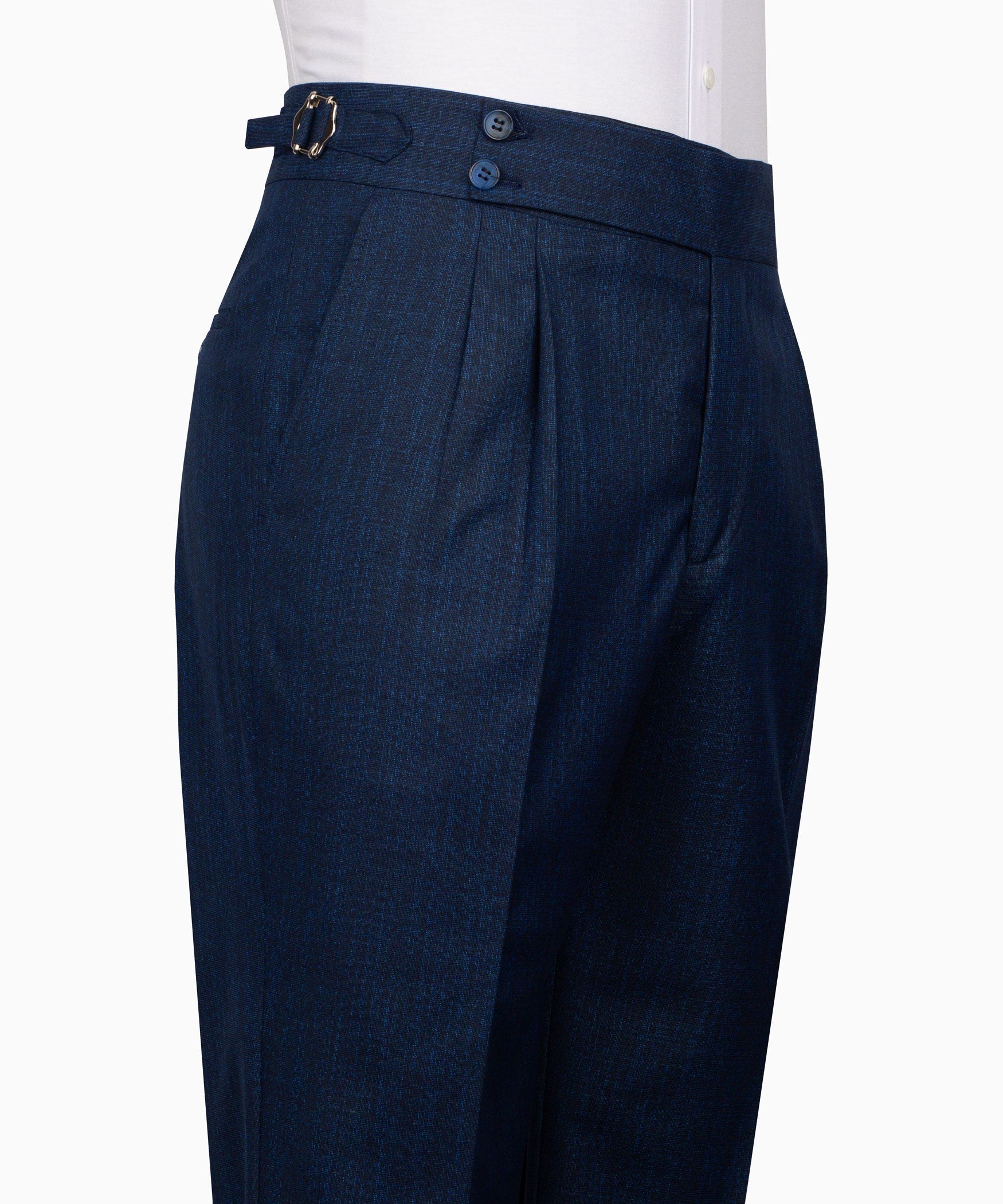 Navy plaid dress trousers with belt loops, hook-and-bar closure, and pleats