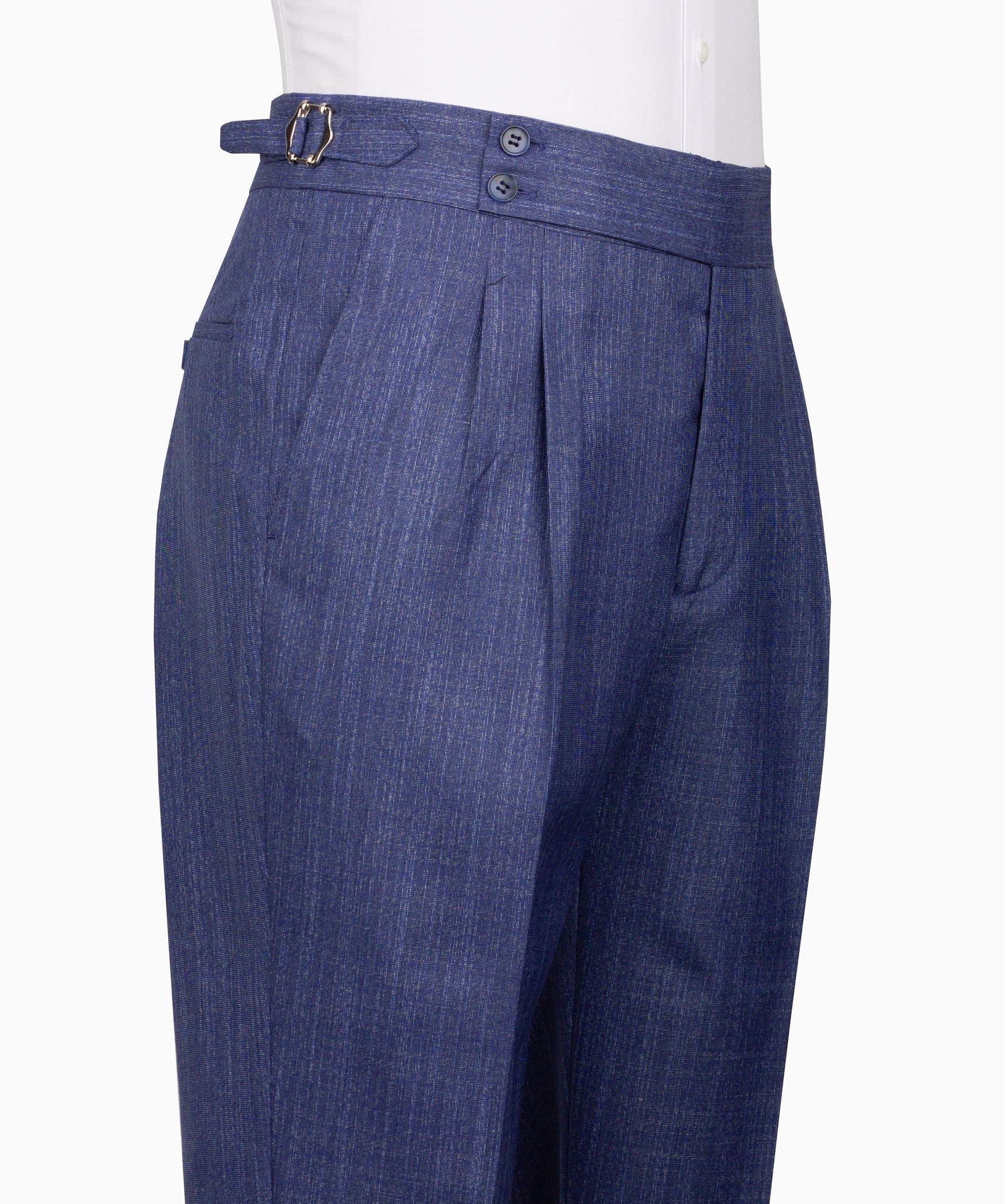 Blue plaid dress trousers with belt loops, pleats, and button closure