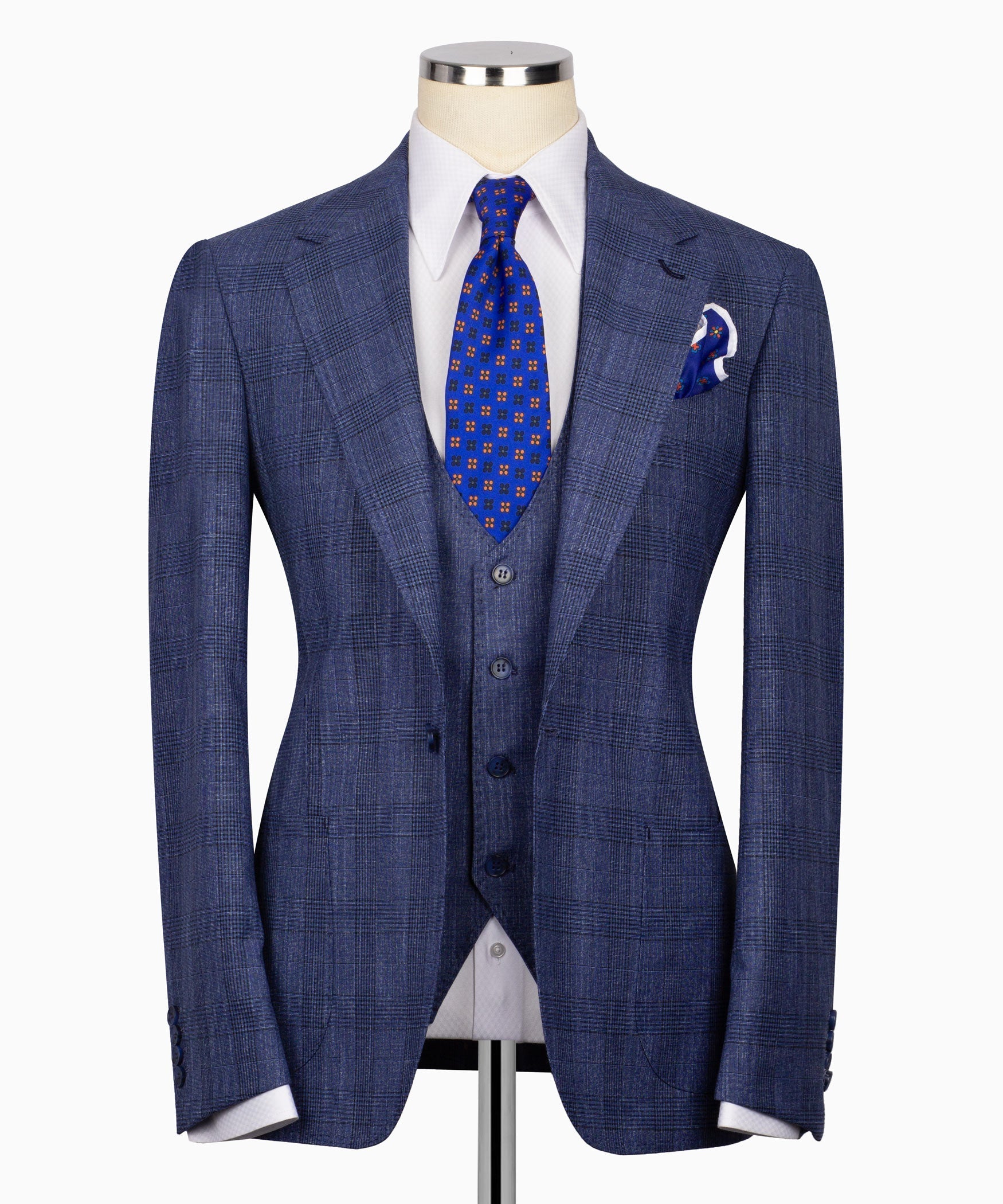 Blue plaid three-piece suit jacket with matching vest and blue patterned tie