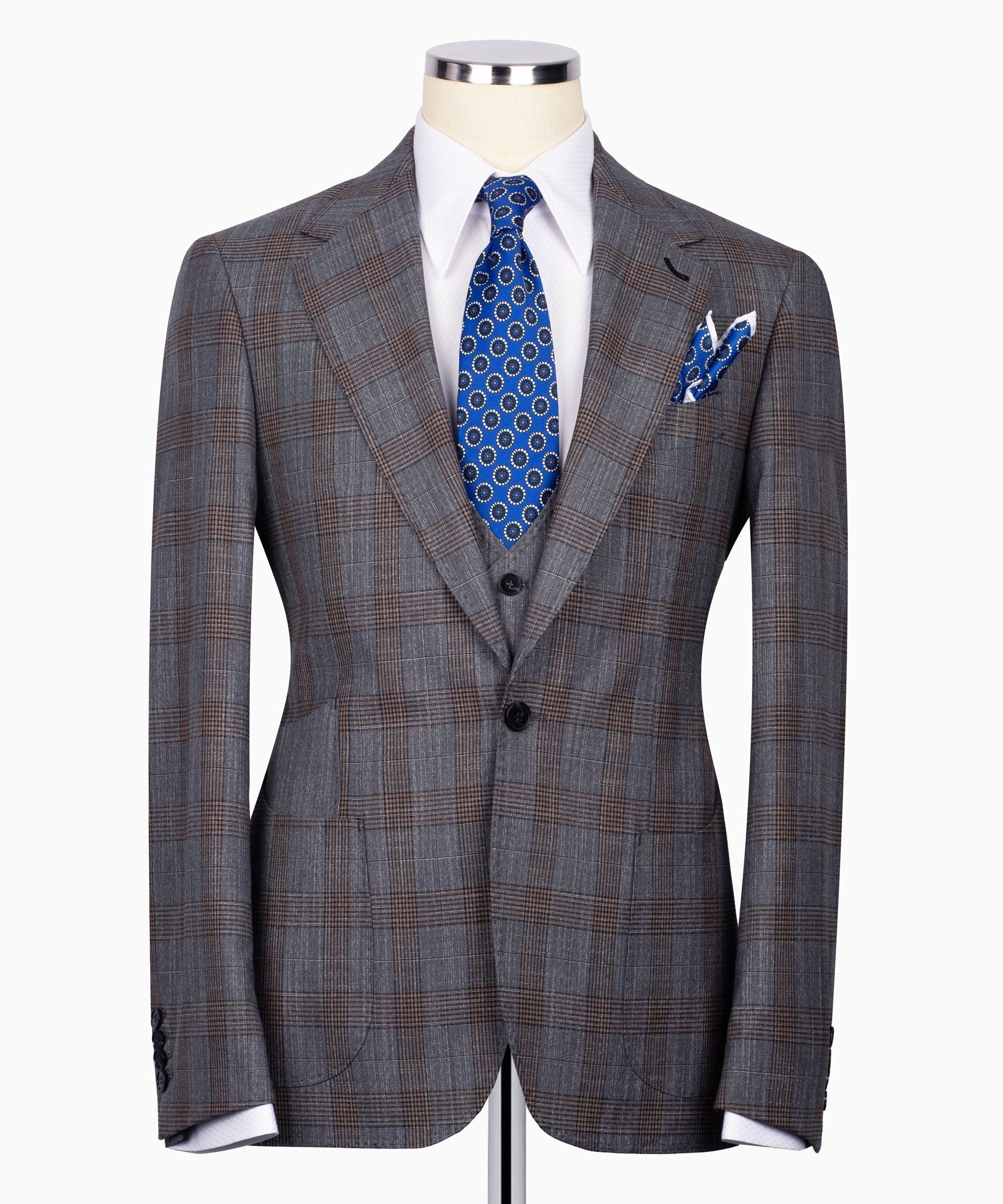 Grey plaid three-piece suit front: blazer with black waistcoat and blue patterned tie