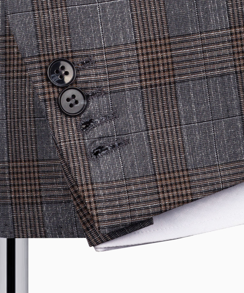Grey plaid blazer sleeve cuff with two black buttons and stitched placket