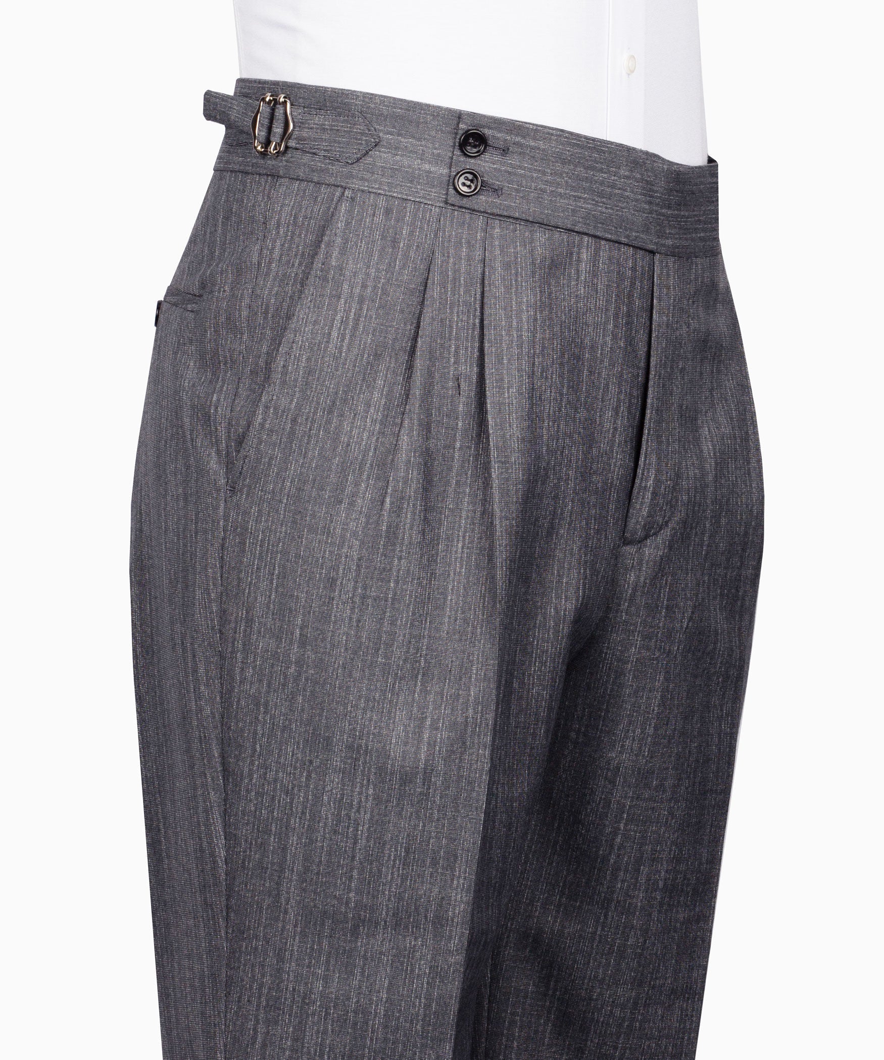 Grey plaid dress pants with button closure and side pockets