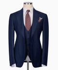 Navy plaid three-piece suit set: tailored jacket, vest, patterned tie, pocket square
