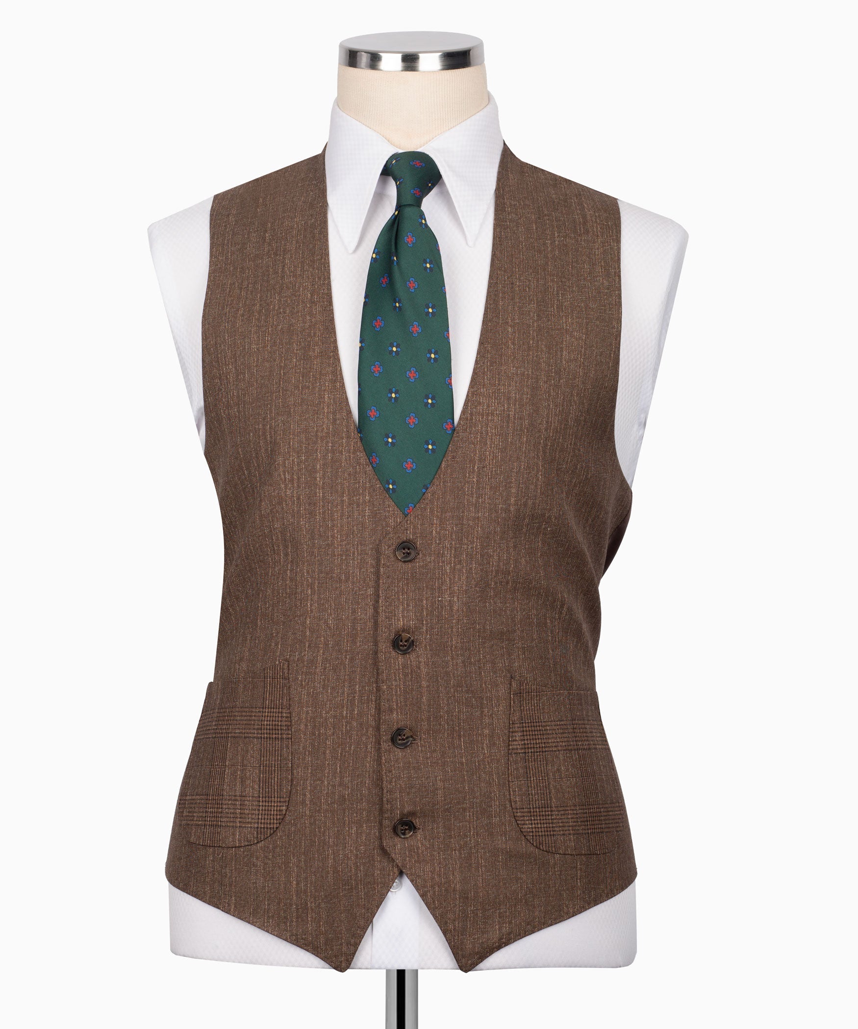 Brown plaid suit vest with front buttons and green patterned tie