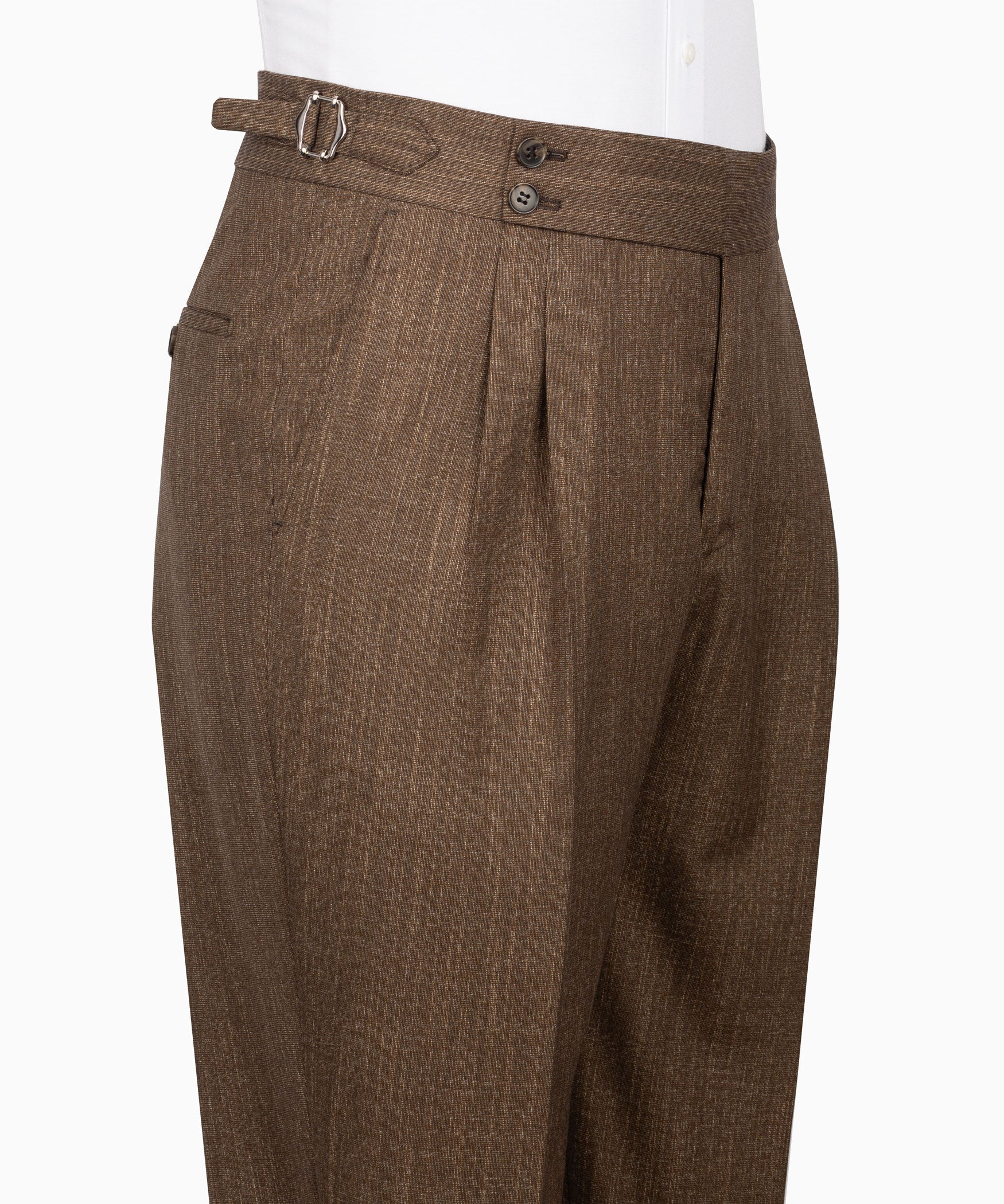 Brown plaid trousers with front pleats, belt loops, and button fly