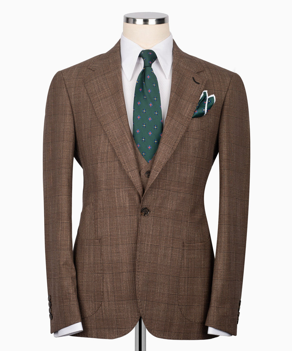 Brown plaid three-piece suit jacket and vest set with green patterned tie