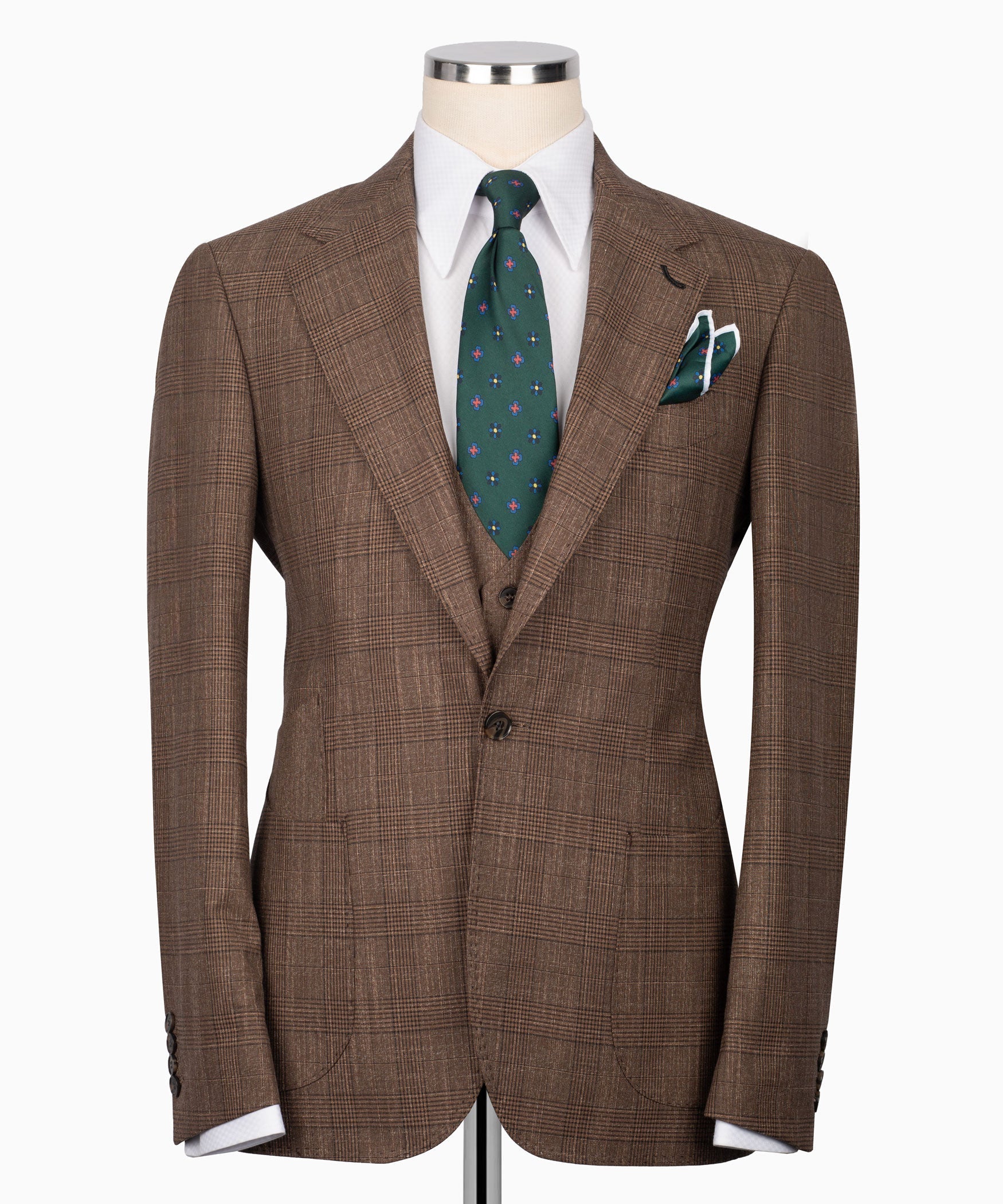 Brown plaid three-piece suit jacket and vest set with green patterned tie