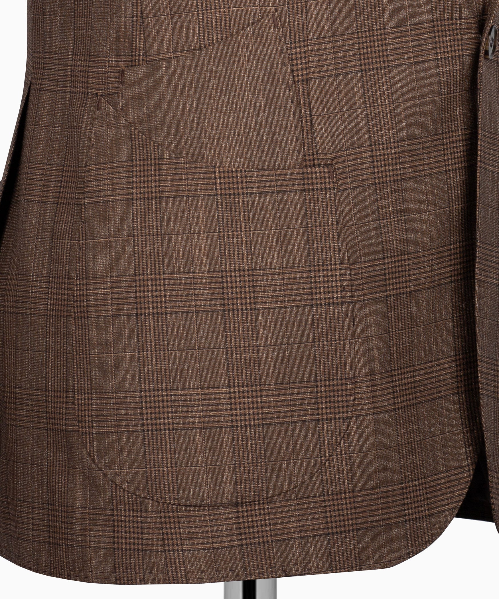 Close-up of brown plaid vest fabric texture and grid pattern