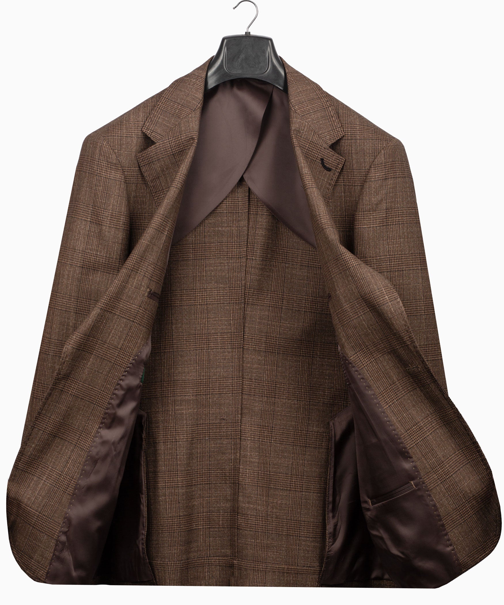 Brown plaid suit jacket interior view with satin lining and open front