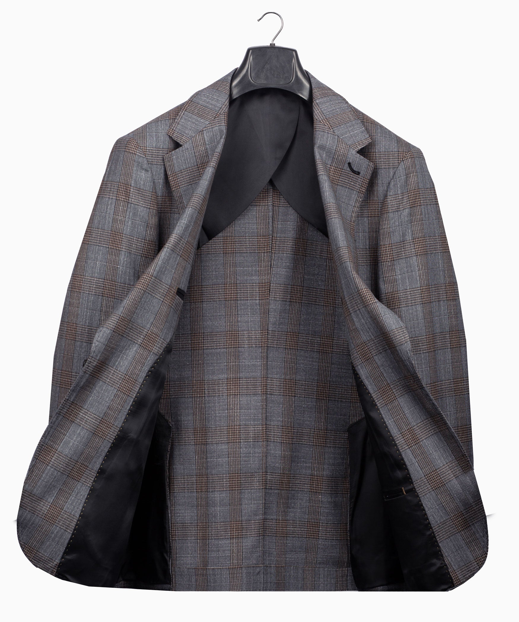 Grey plaid suit jacket hanging open, showing inner lining and front structure