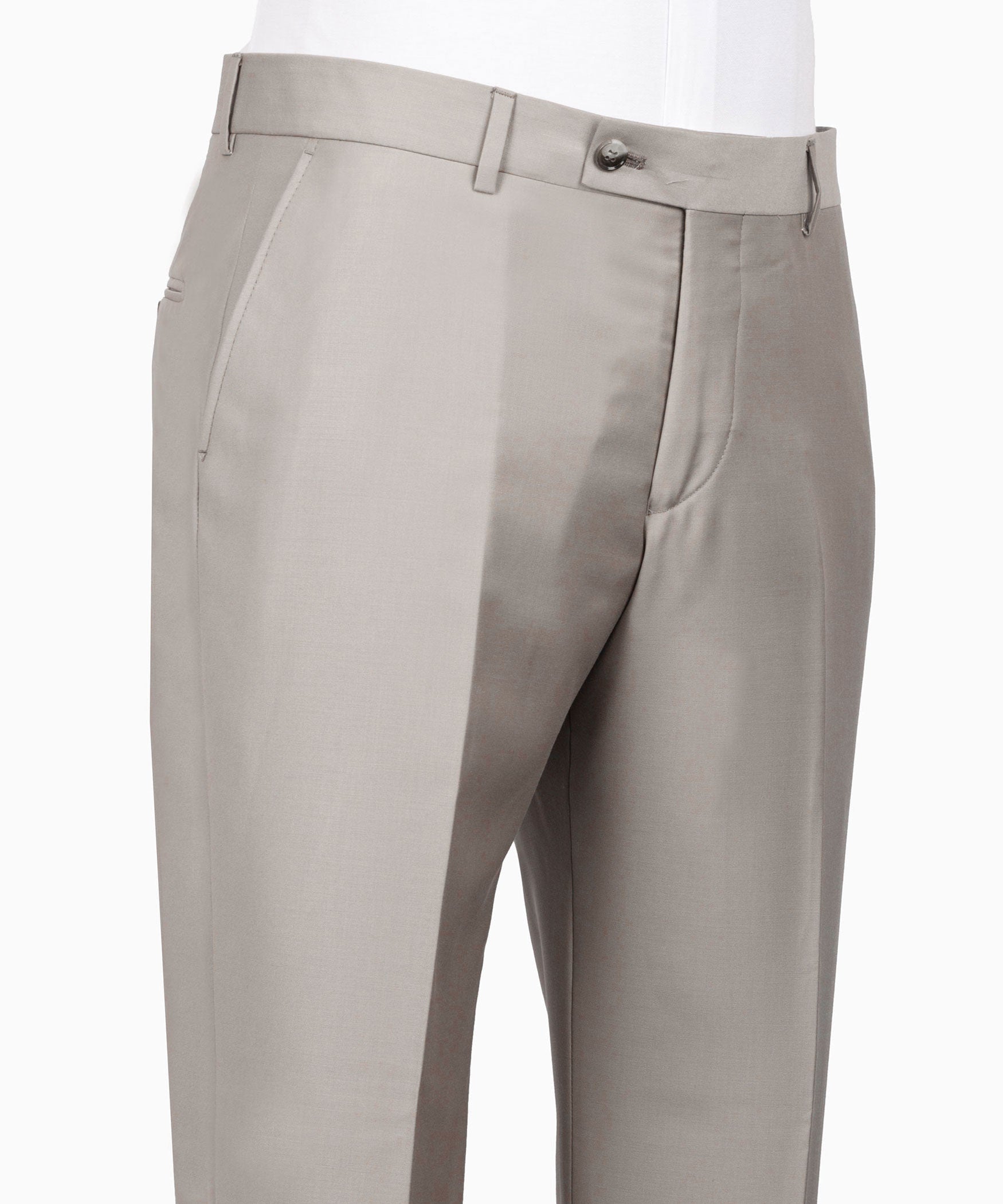 Light taupe dress trousers with belt loops, zip fly, and front crease