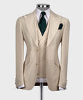 Beige vest suit set: tailored blazer and waistcoat with green patterned tie, pocket square
