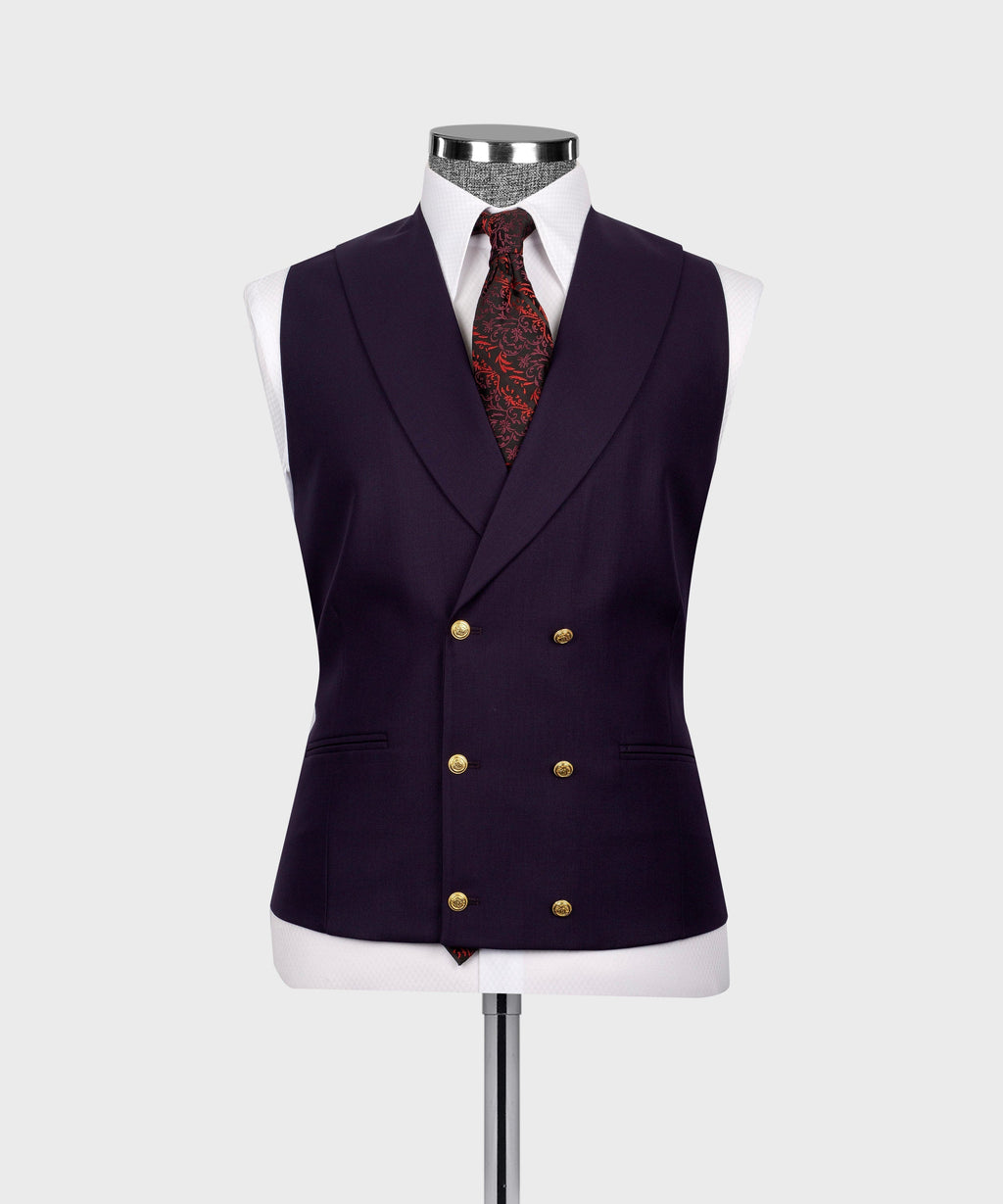 Dark purple waistcoat vest with gold-button front and red patterned tie