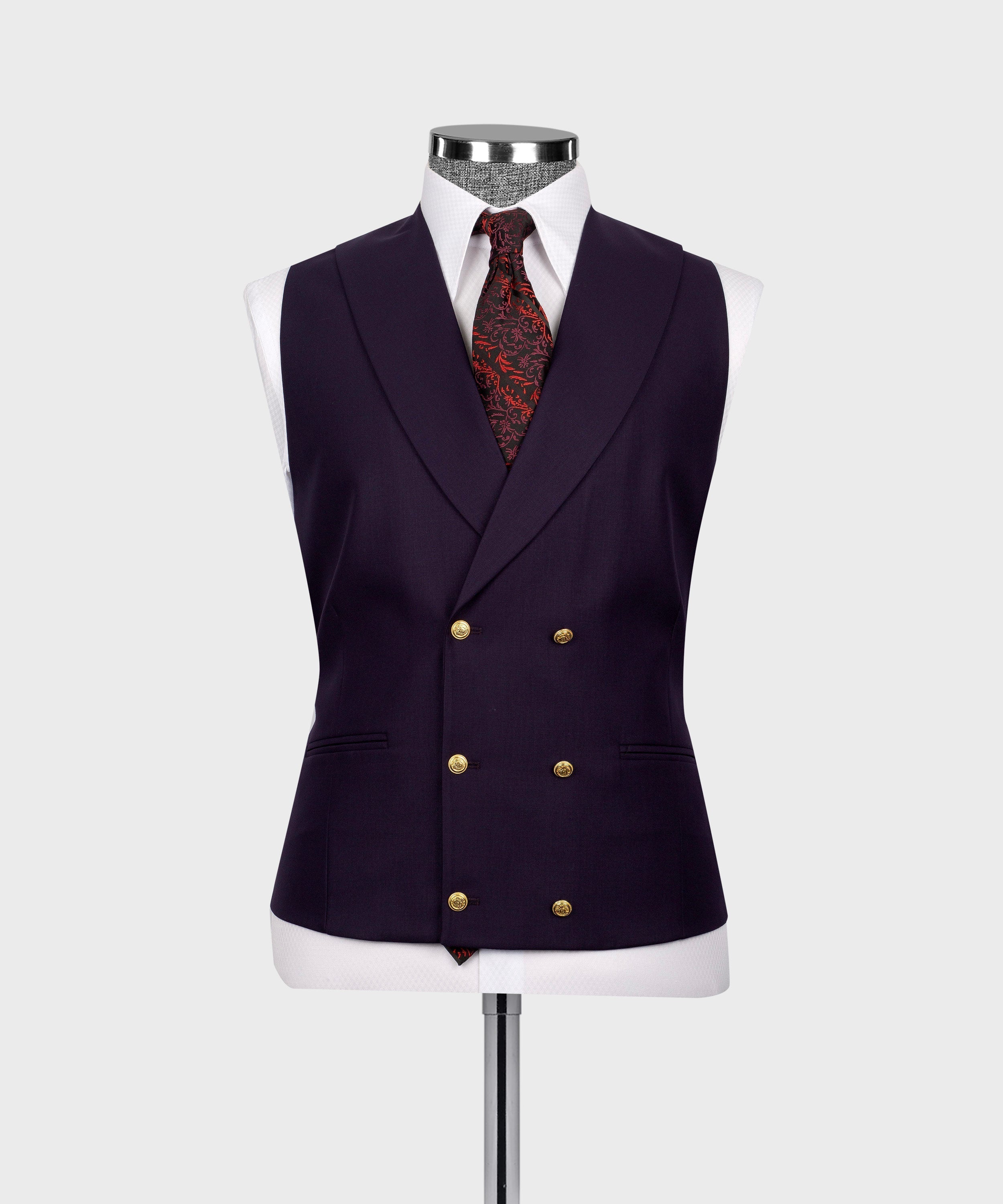 Dark purple waistcoat vest with gold-button front and red patterned tie