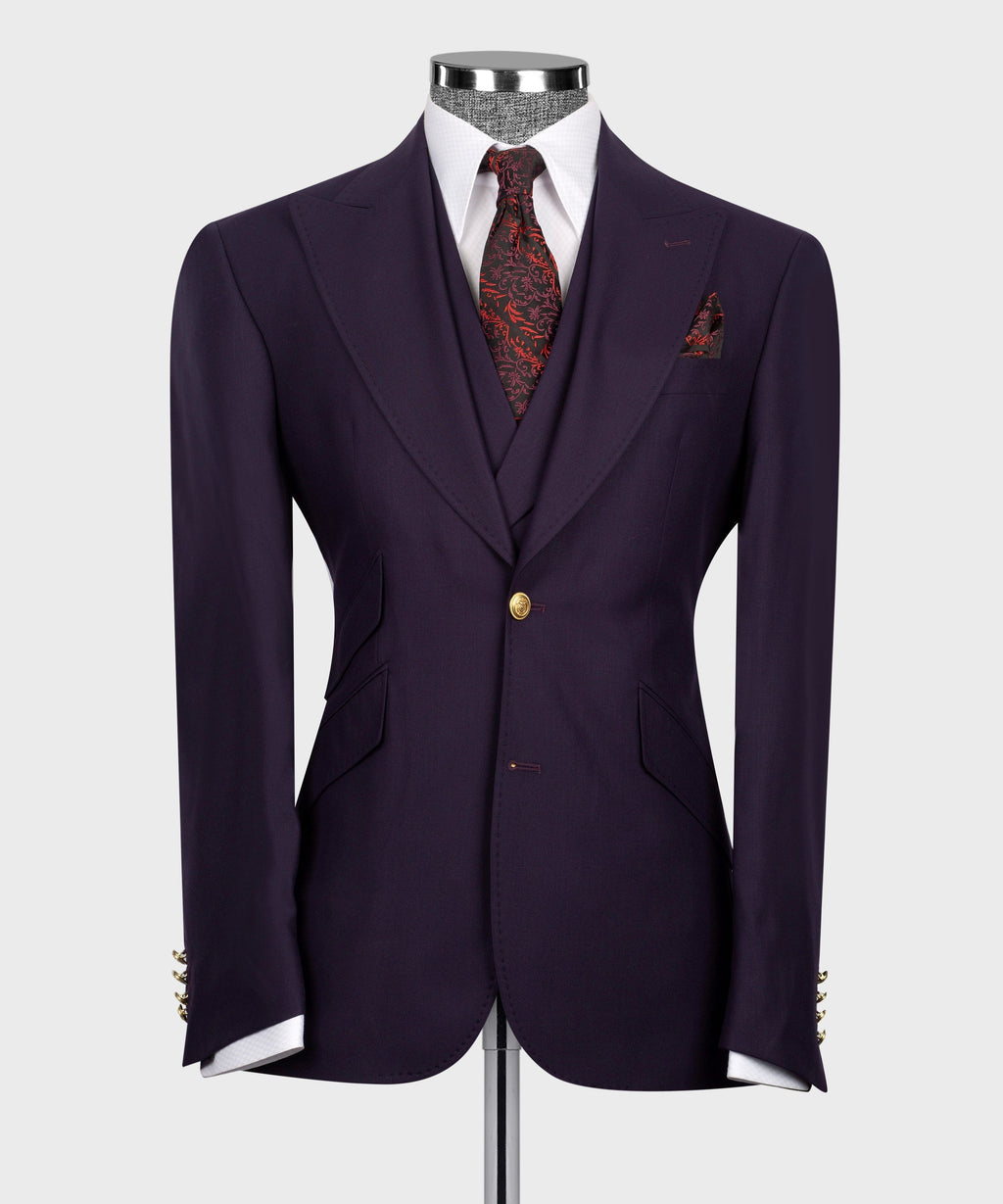 Dark purple 3-piece formal set: blazer, vest, white shirt, red patterned tie