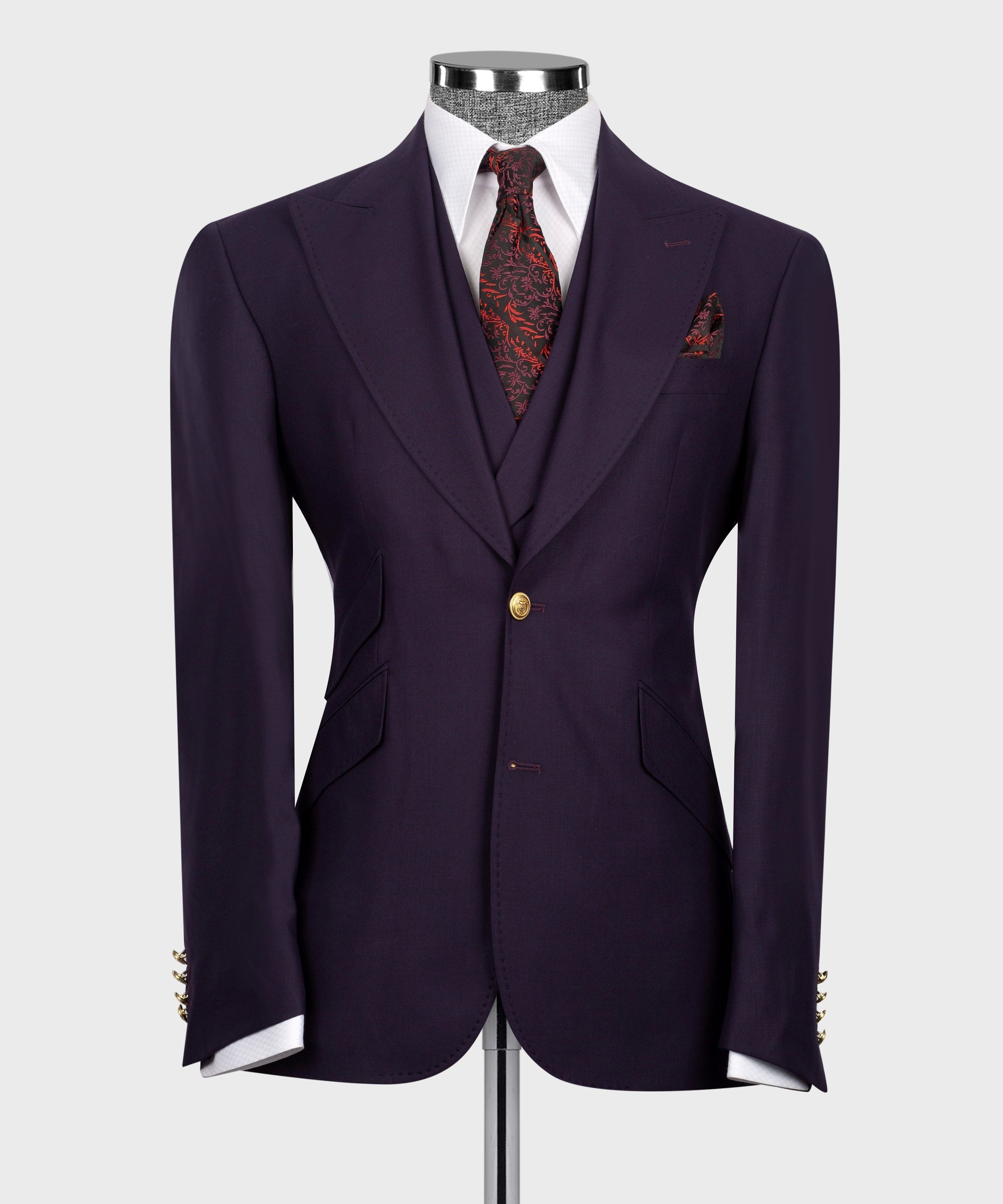 Dark purple 3-piece formal set: blazer, vest, white shirt, red patterned tie