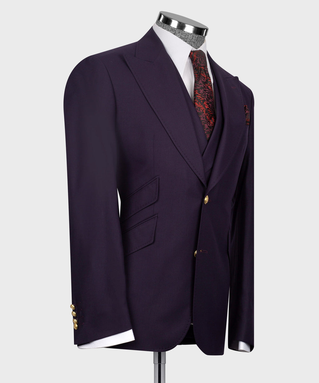 Dark purple tailored blazer with vest and tie; gold buttons detail