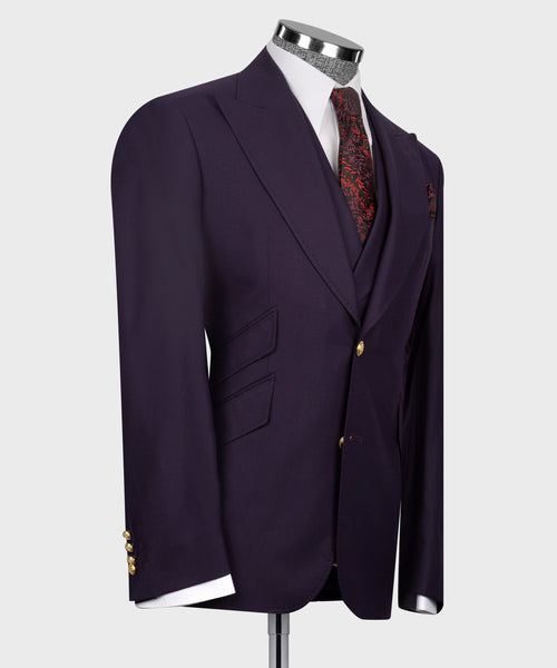 Dark purple tailored blazer with vest and tie; gold buttons detail
