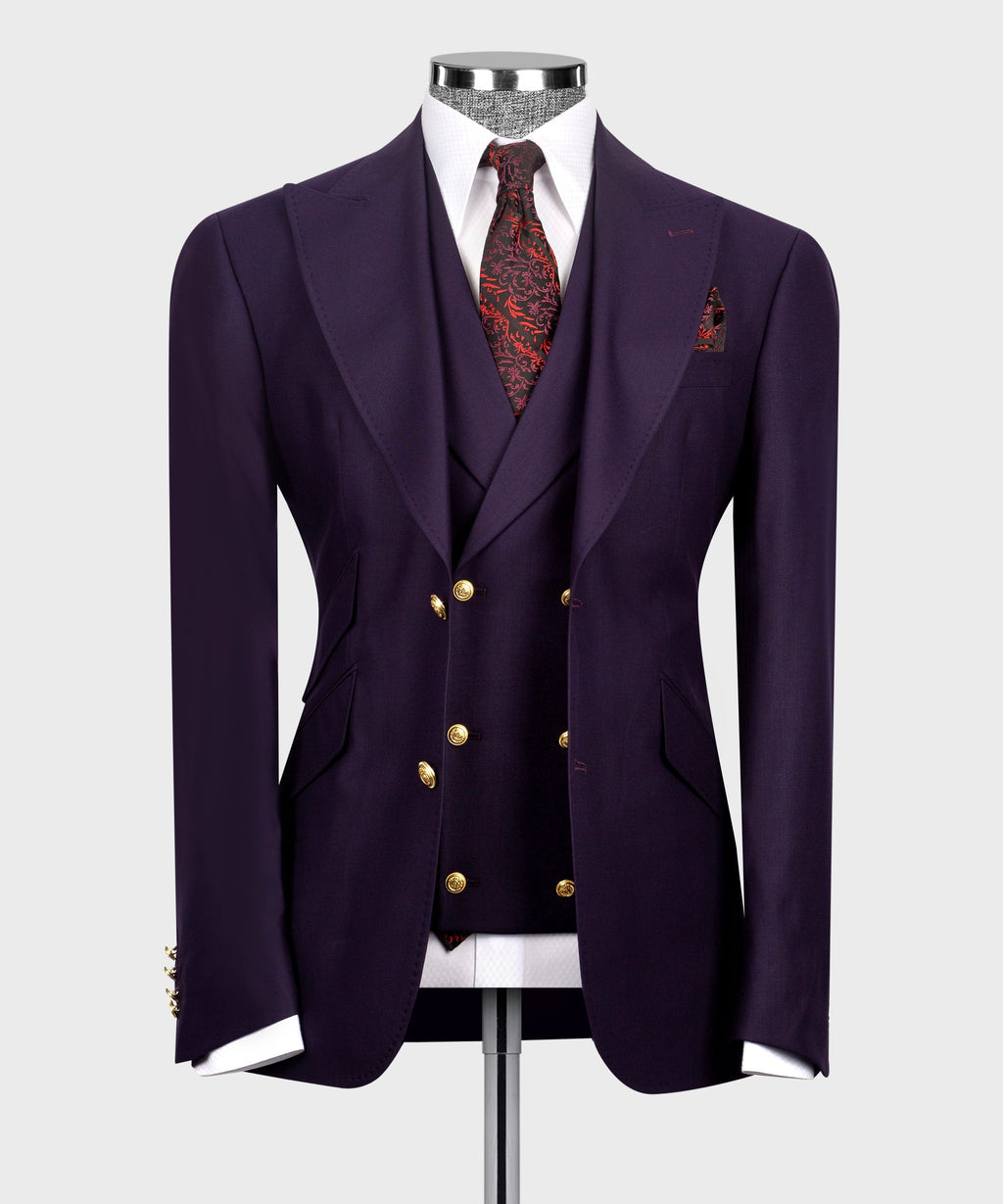 Dark purple blazer with matching vest, white shirt, and red patterned tie