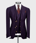 Dark purple blazer with matching vest, white shirt, and red patterned tie