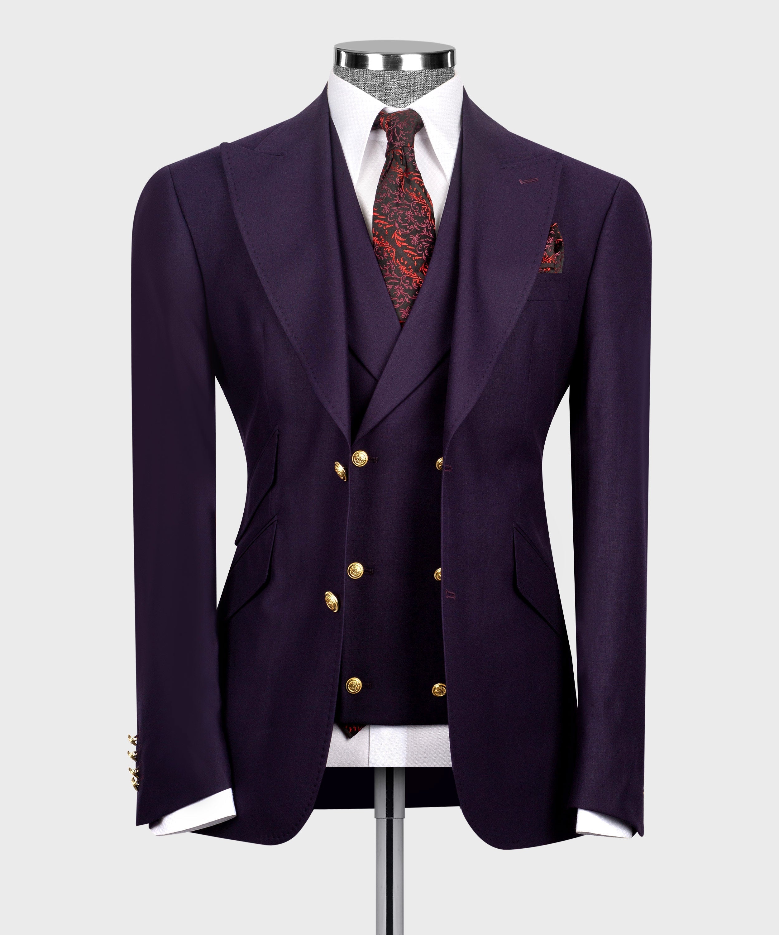 Dark purple blazer with matching vest, white shirt, and red patterned tie
