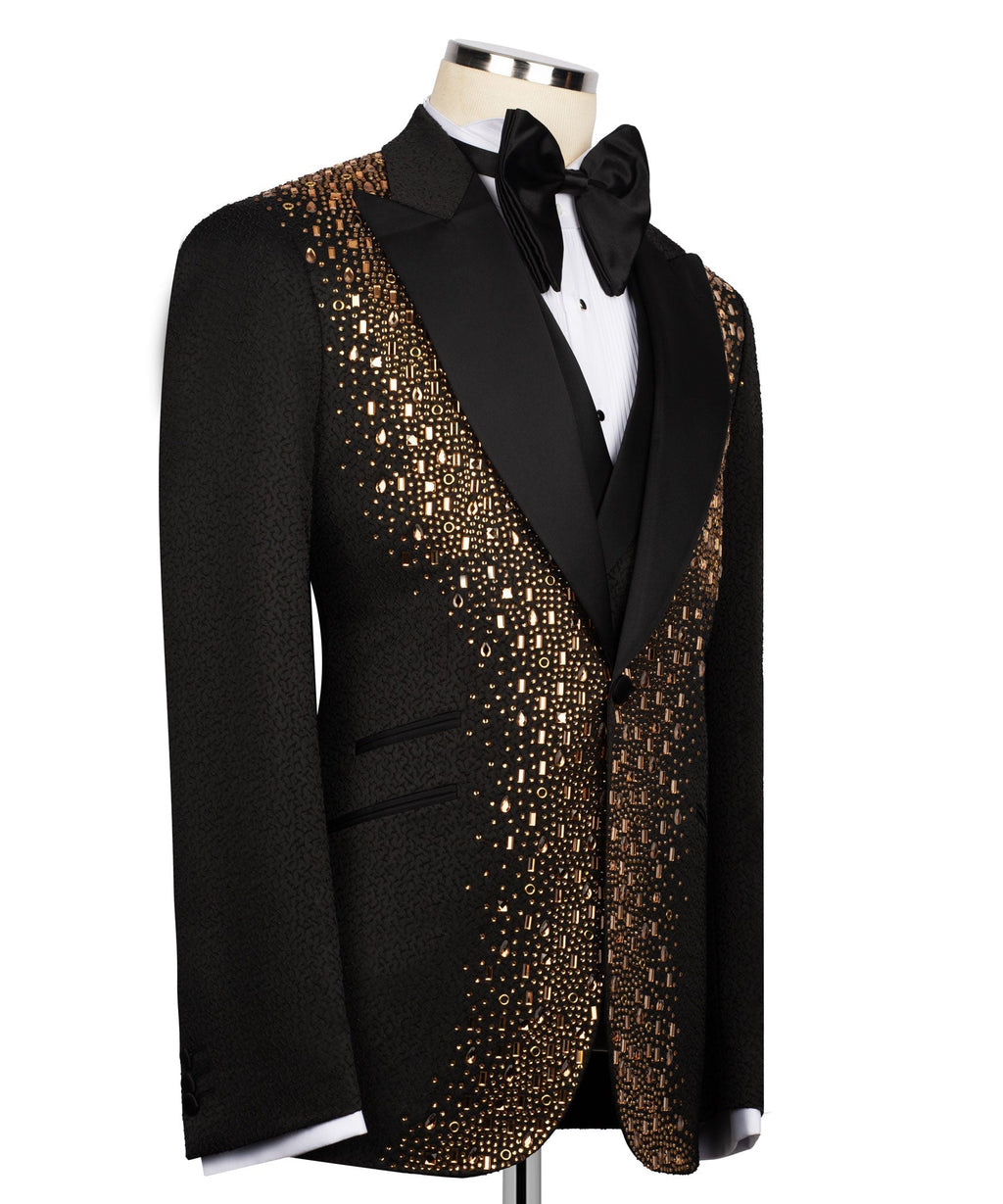 Black tuxedo jacket with gold sequin embroidery panels and satin bow tie