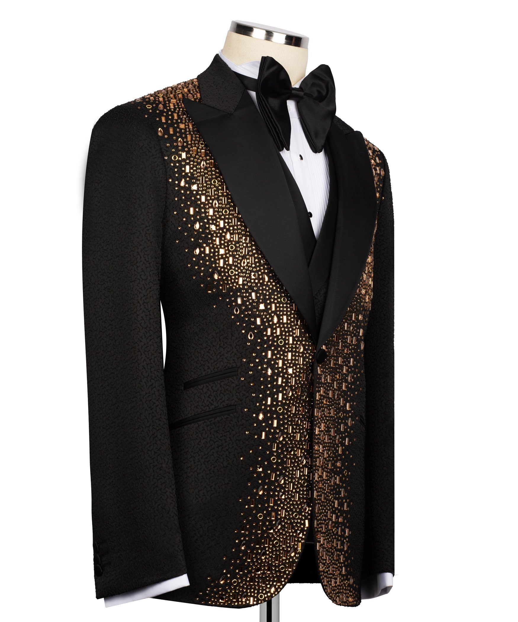 Black tuxedo jacket with gold sequin embroidery panels and satin bow tie