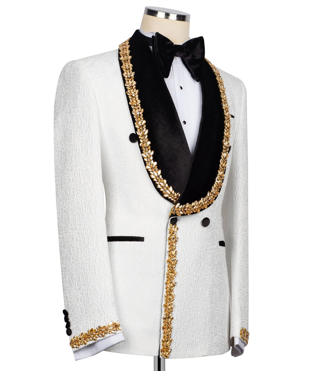 White tuxedo jacket with black velvet scarf-style collar and gold embellished neckline