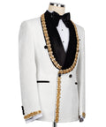 White tuxedo jacket with black velvet scarf-style collar and gold embellished neckline