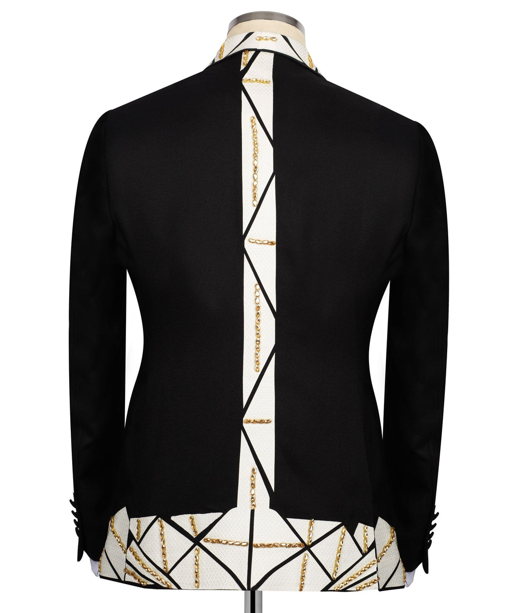 Back of tuxedo jacket in black with vertical patterned panel and gold chain embroidery