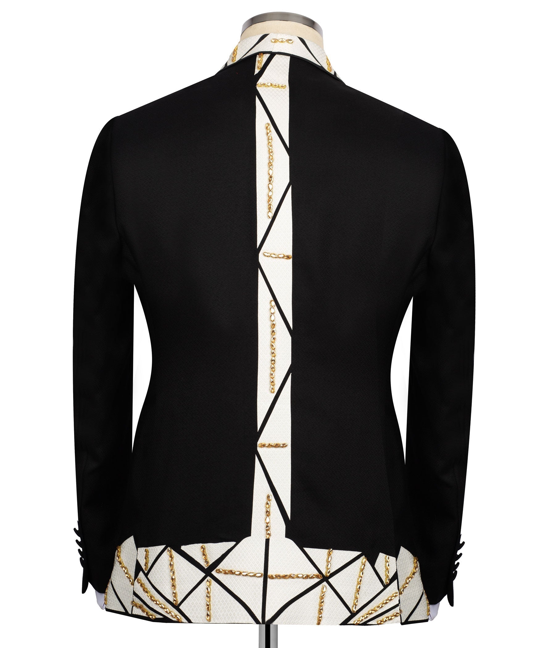 Back of tuxedo jacket in black with vertical patterned panel and gold chain embroidery