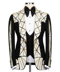 Patchwork tuxedo suit: black jacket, white geometric panels, gold chain embroidery, bow tie