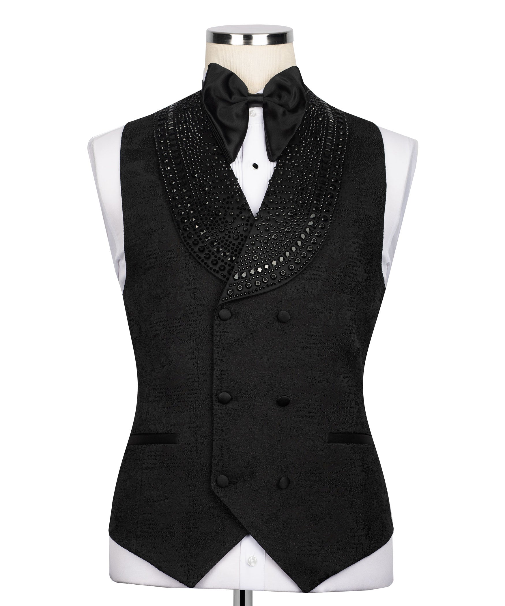 Black stone-embroidered tuxedo vest with satin bow tie and double-breasted button front