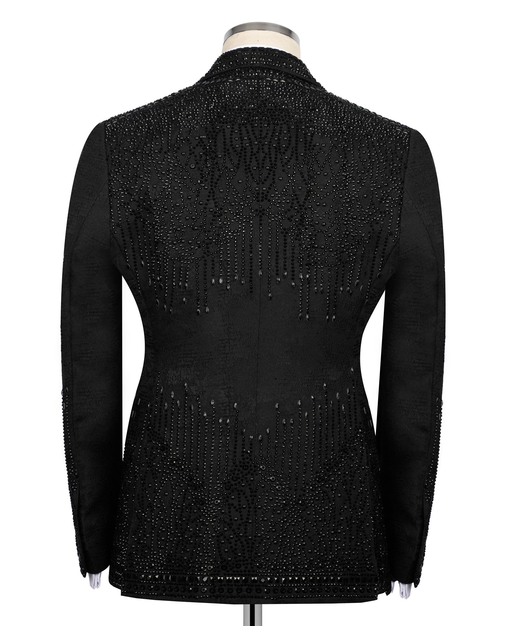 Black tuxedo jacket back view with all-over sparkle embroidery and tailored seams