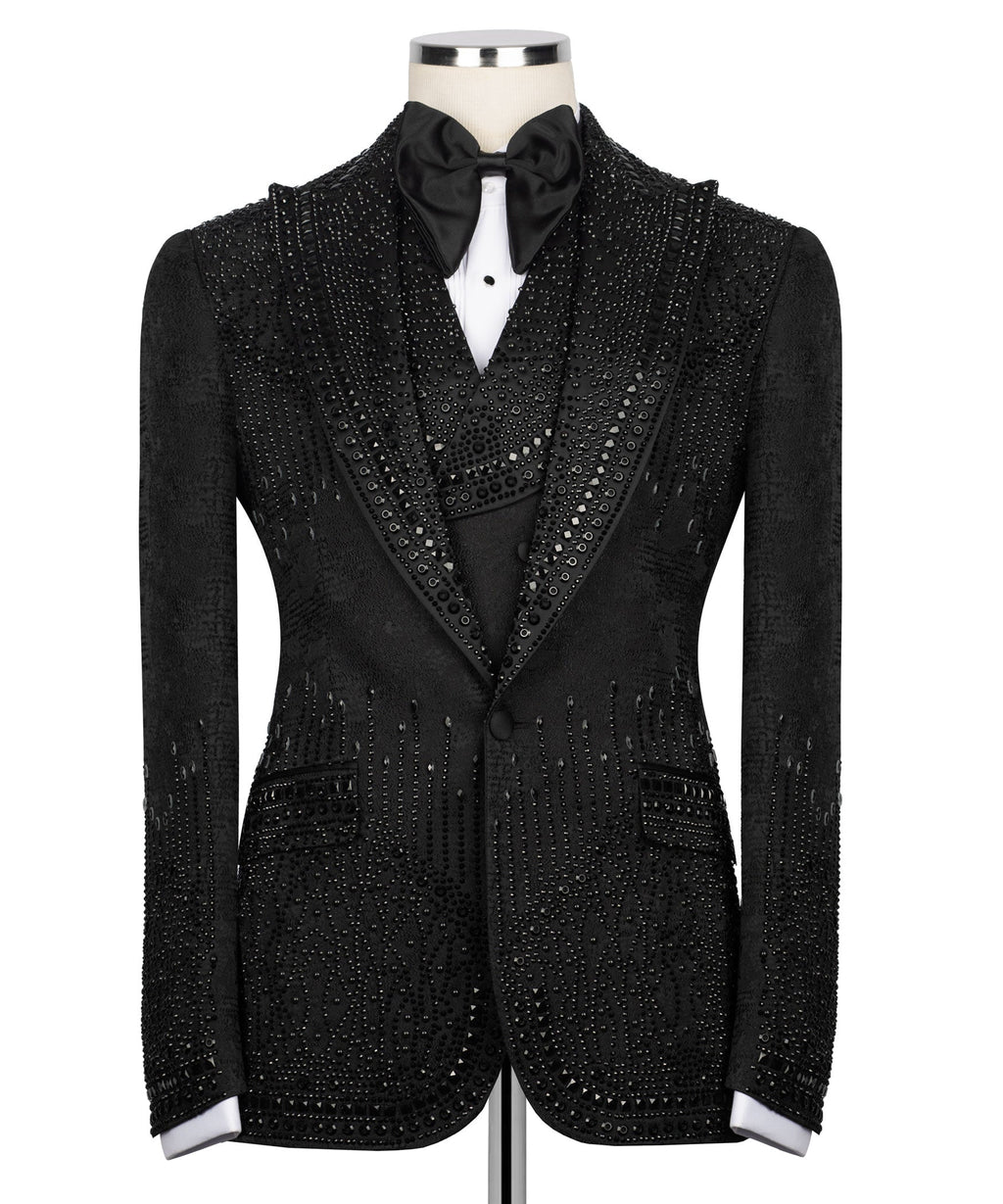 Front view black jeweled tuxedo jacket with matching vest and bow tie