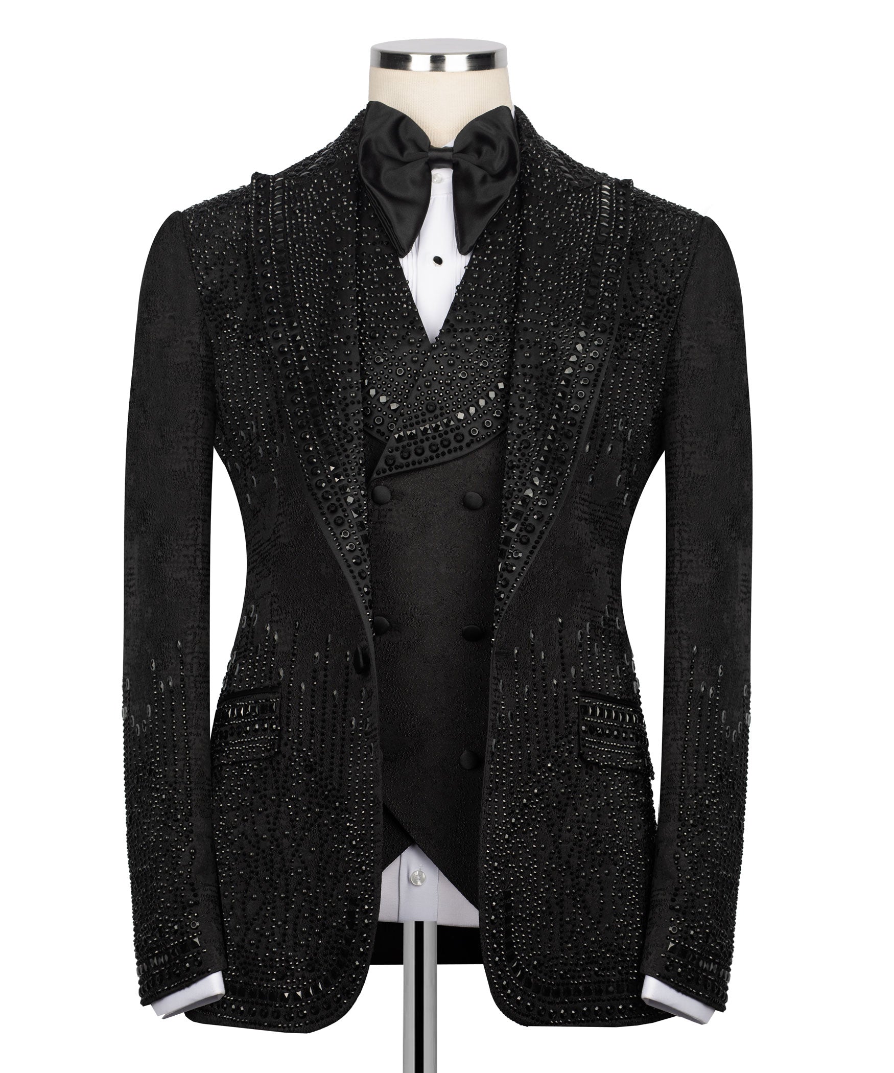 Black embellished tuxedo jacket with satin bow tie, stone-studded lapels and buttons