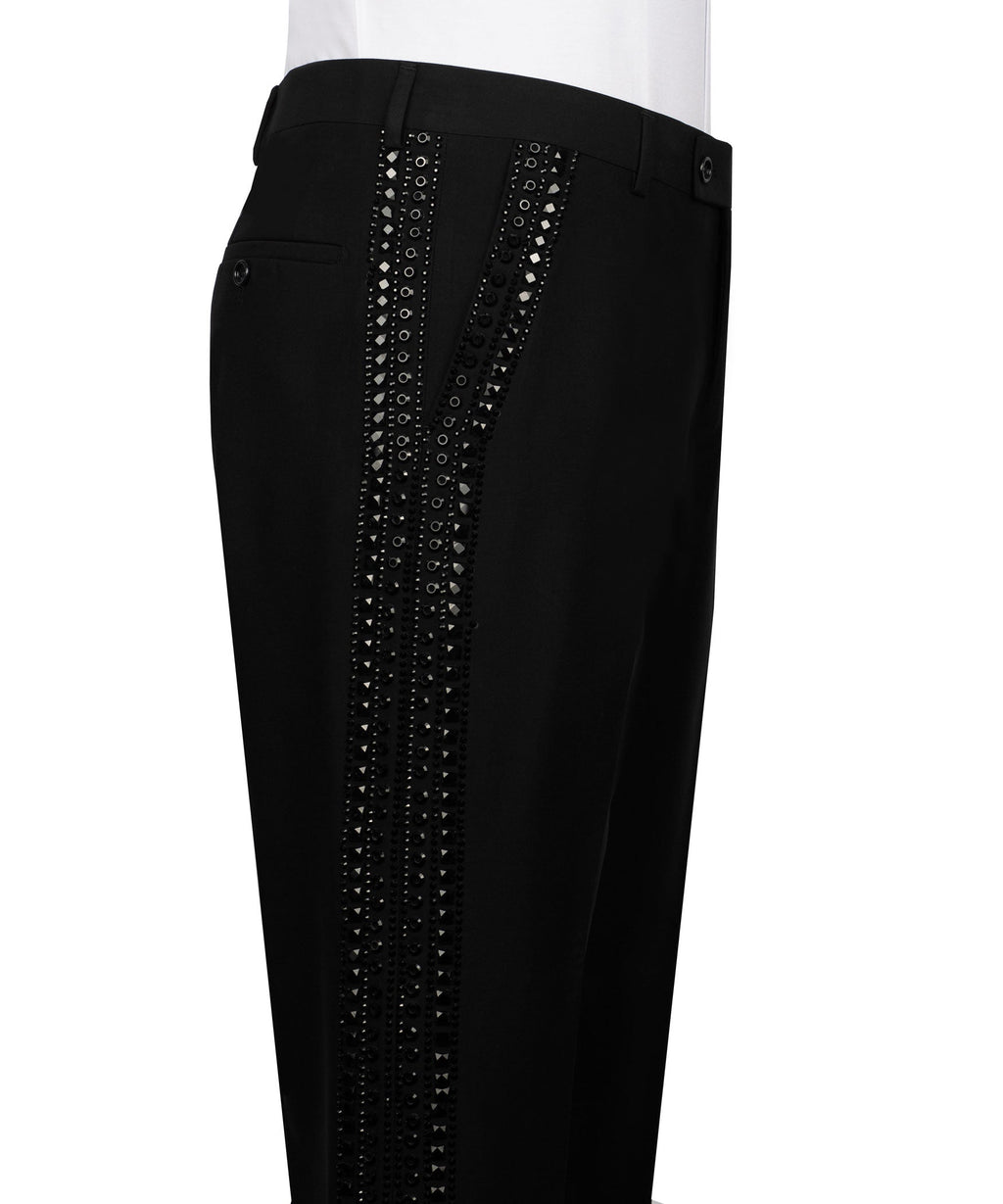 Black tuxedo trousers with jeweled vertical panel along the side