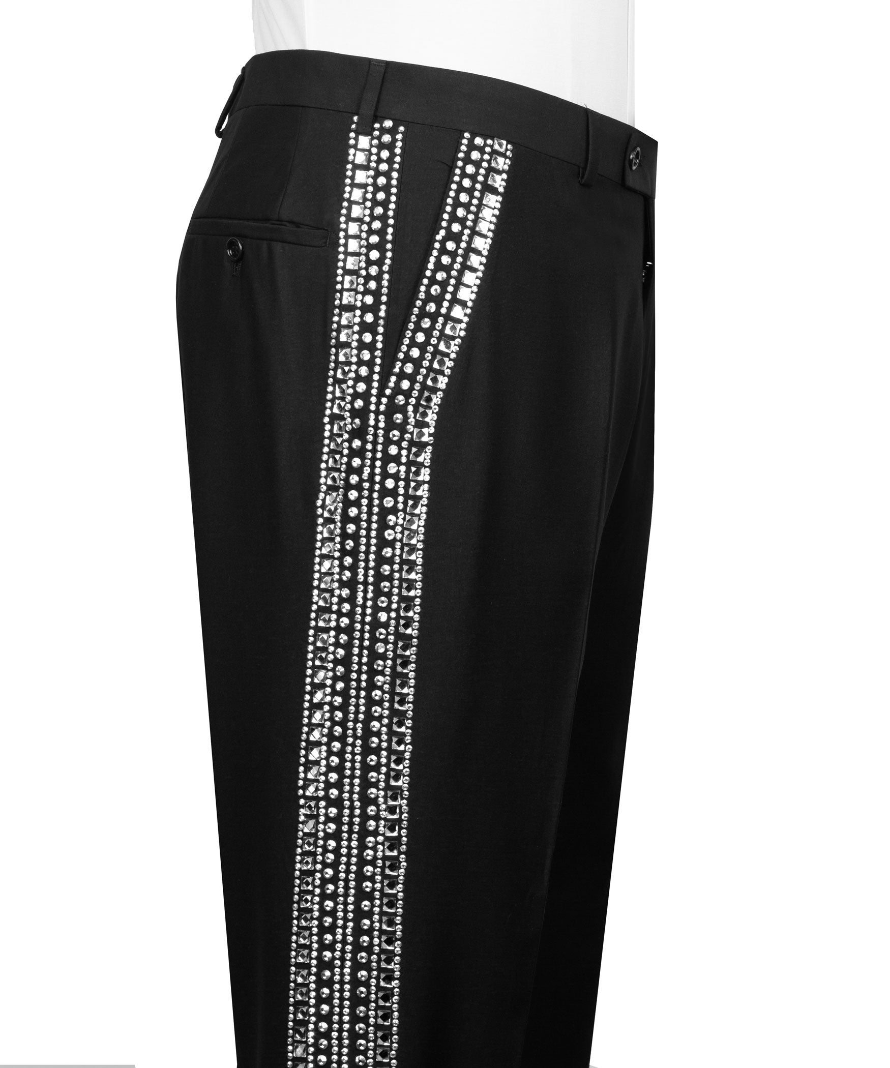 Black tuxedo trousers with vertical rhinestone stripe down the side