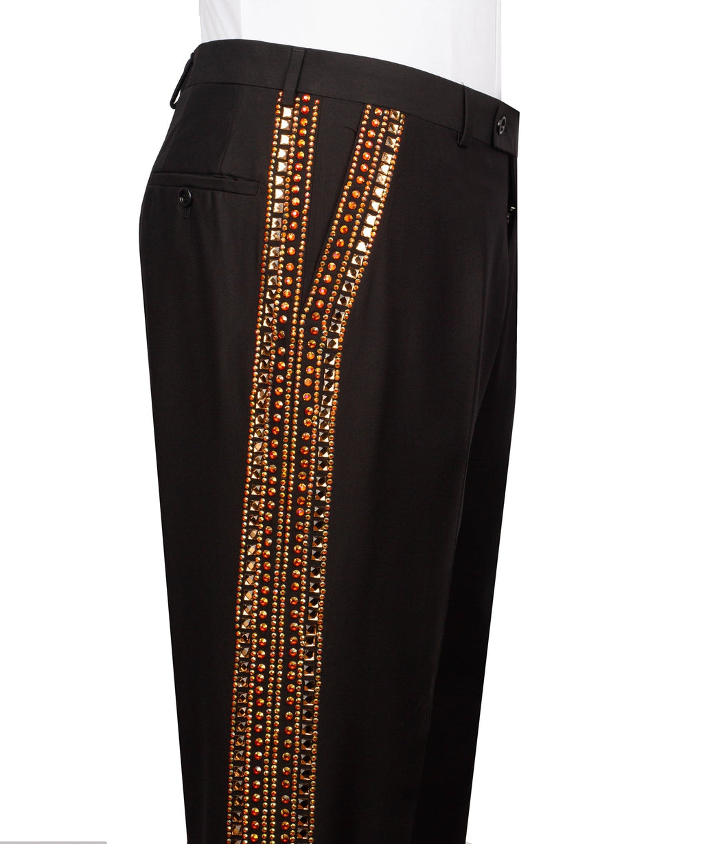 Black dress trousers with vertical gold-red stone embroidery stripe along side