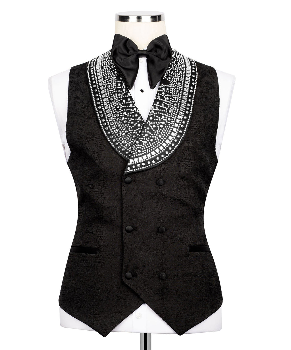 Black tuxedo vest with rhinestone collar trim and black satin bow tie