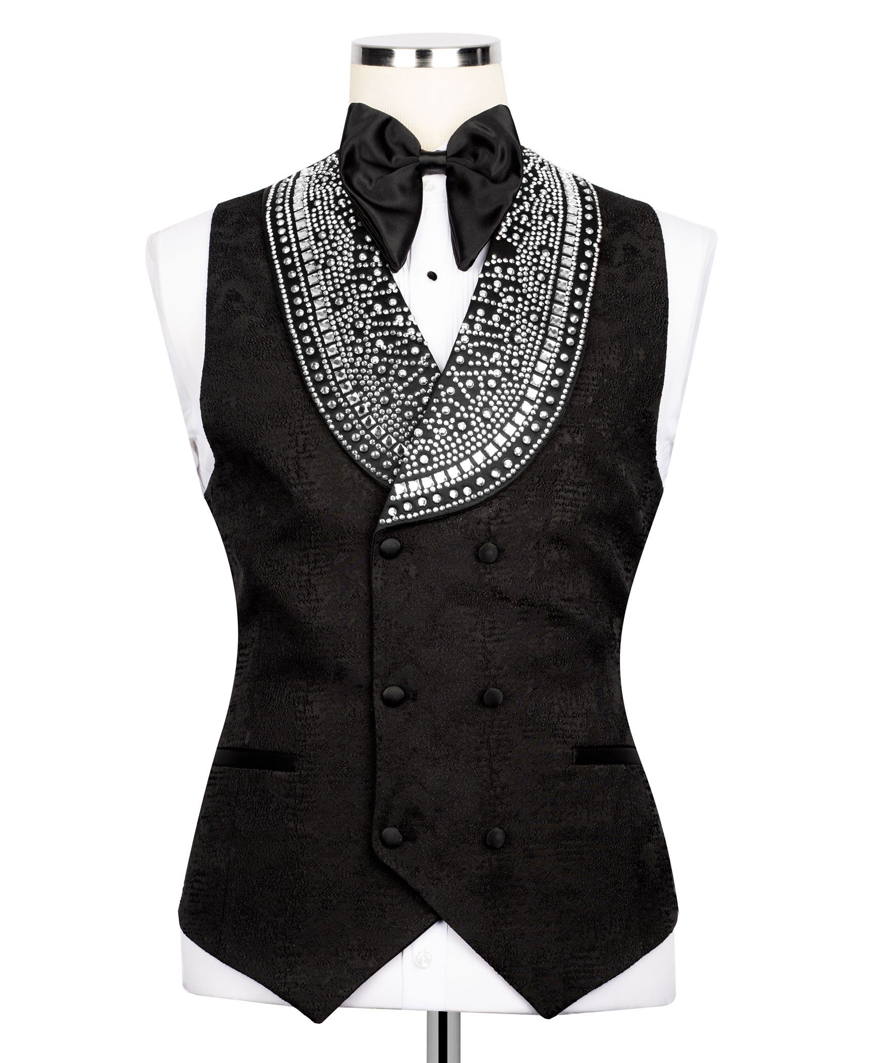 Black tuxedo vest with double-breasted buttons and stone-embellished V trim